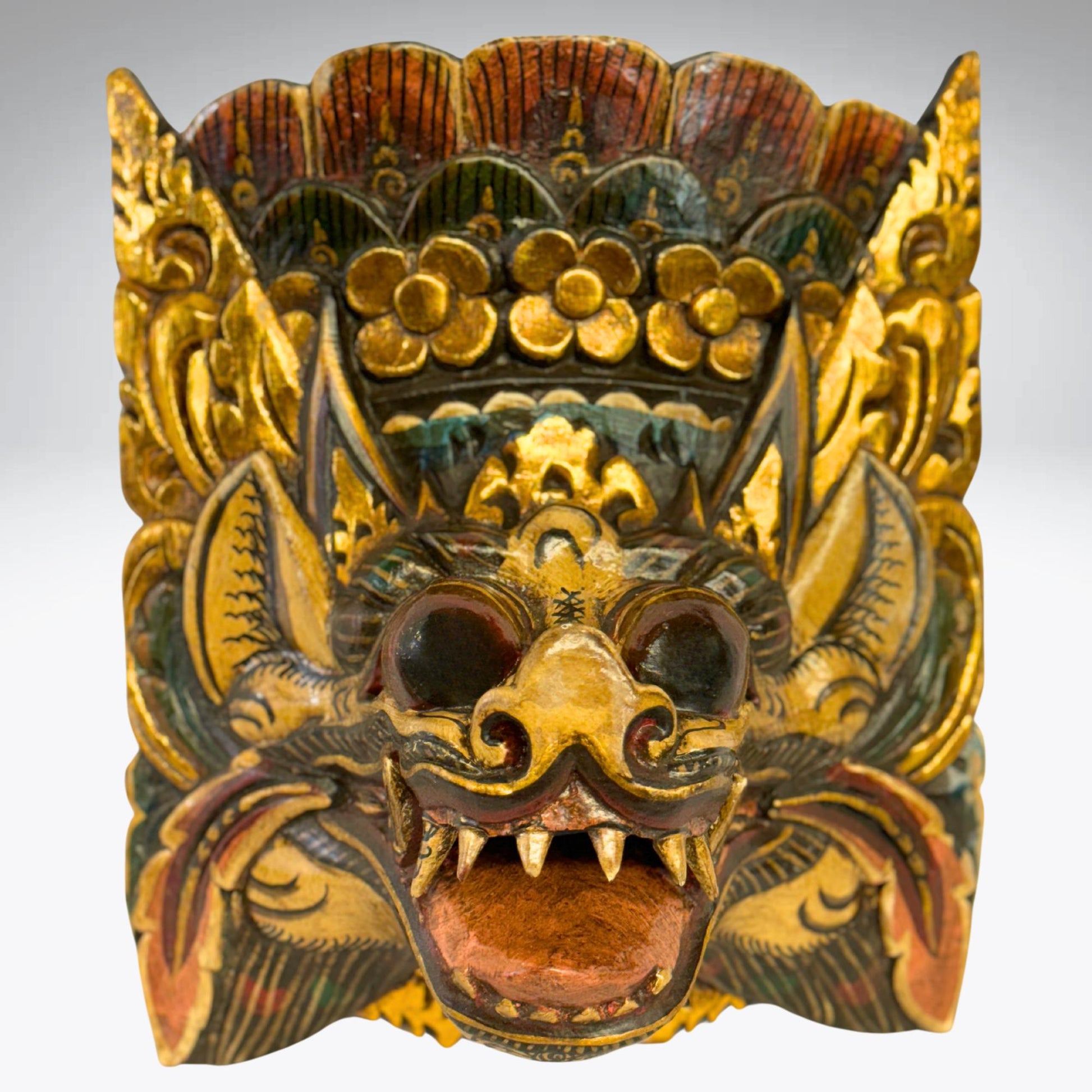 Balinese Mask Barong Singa Lion Mask Protector Guardian Polychrome Hand Carved Wood Bali Folk Art wooden Mask Wall Decor - Acadia World Traders
