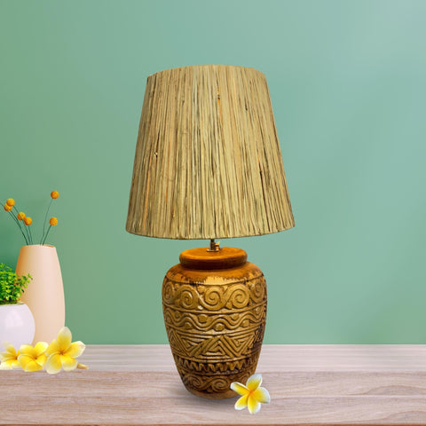 Ginger Jar Table Lamp Hand Carved Reclaimed Teak Wood Accent Lamp Natural Raffia Fiber Lamp Shade Boho Decor Handmade Bali Art