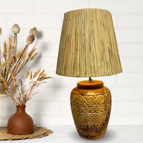 Ginger Jar Table Lamp Hand Carved Reclaimed Teak Wood Accent Lamp Natural Raffia Fiber Lamp Shade Boho Decor Handmade Bali Art