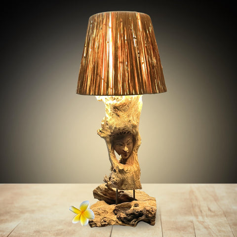 Nature Spirit Goddess Table Lamp Hand Carved Reclaimed Teak Wood Accent Lamp Natural Raffia Fiber Lamp Shade Boho Decor Handmade Bali Art