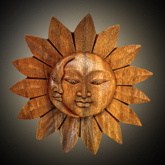 Sun Moon Eclipse Disc Sunburst Celestial Wall Art Plaque Carved hand carved natural wood Carving Bali Balinese folk art 8&quot; - Acadia World Traders