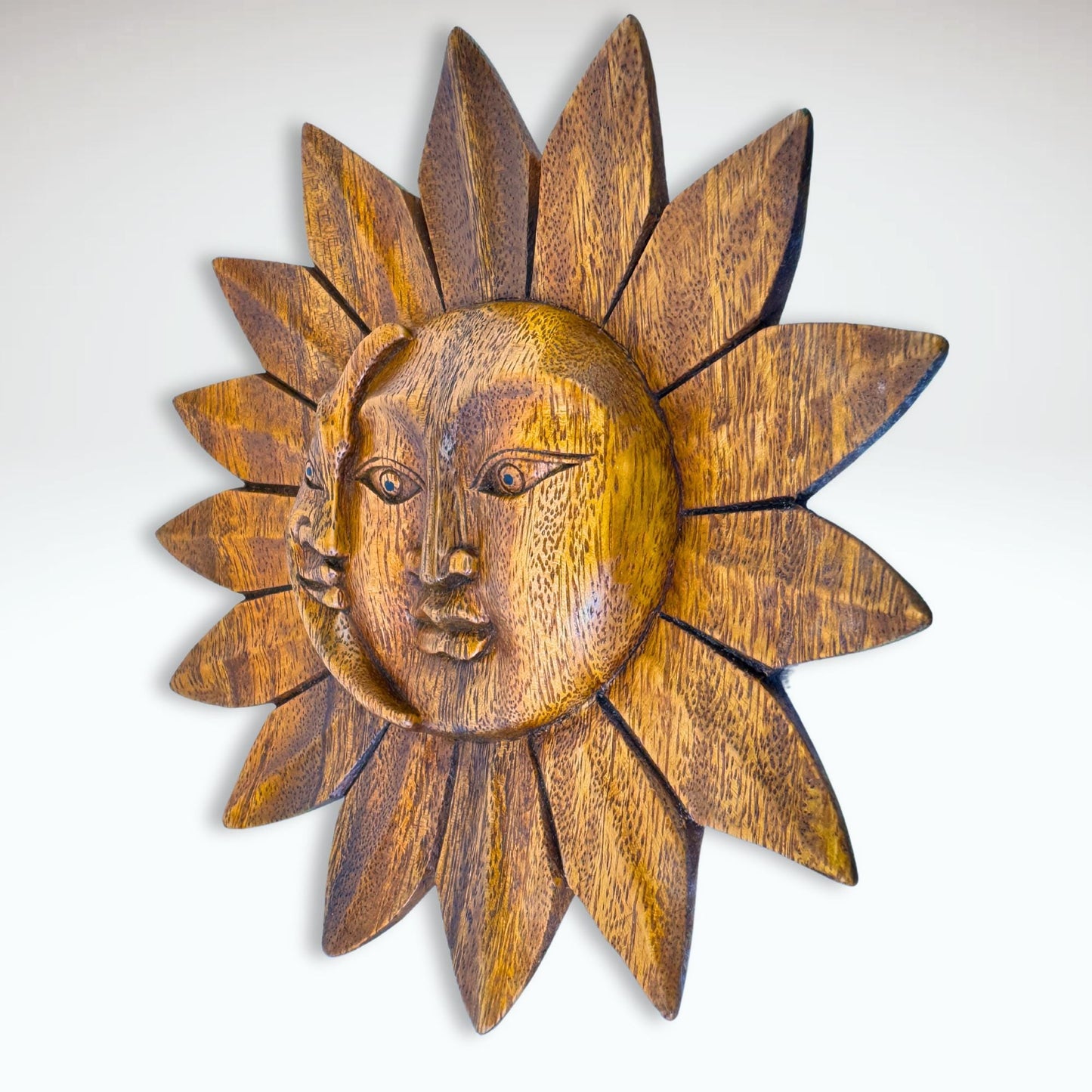 Sun Moon Eclipse Disc Sunburst Celestial Wall Art Plaque Carved hand carved natural wood Carving Bali Balinese folk art 8&quot; - Acadia World Traders