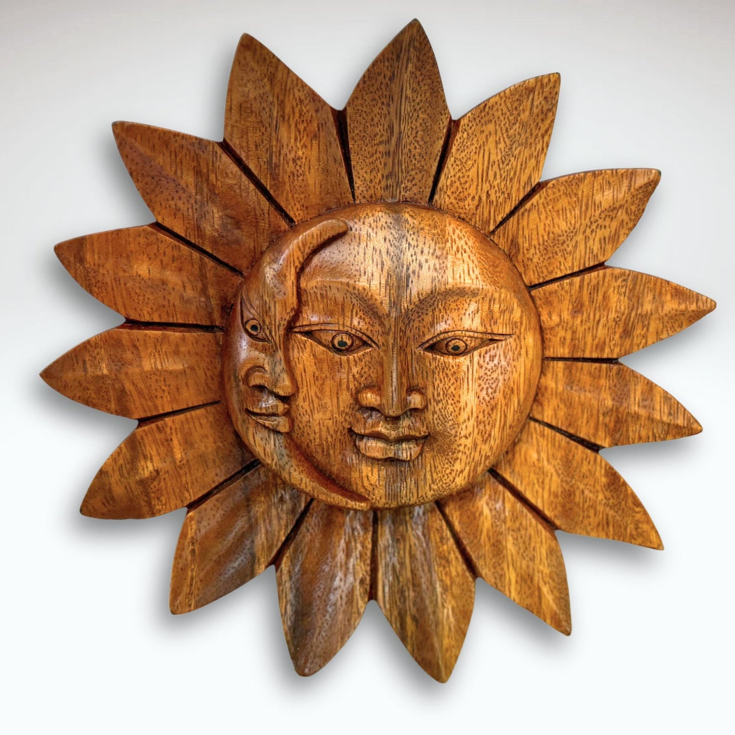Sun Moon Eclipse Disc Sunburst Celestial Wall Art Plaque Carved hand carved natural wood Carving Bali Balinese folk art 8&quot; - Acadia World Traders