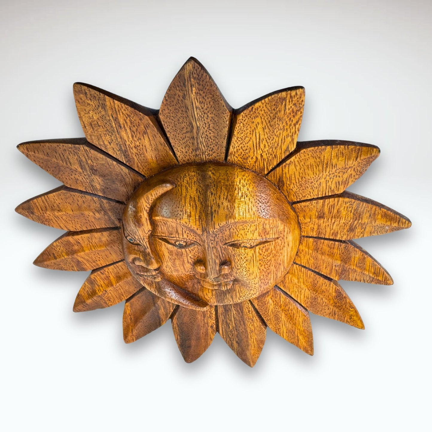 Sun Moon Eclipse Disc Sunburst Celestial Wall Art Plaque Carved hand carved natural wood Carving Bali Balinese folk art 8&quot; - Acadia World Traders