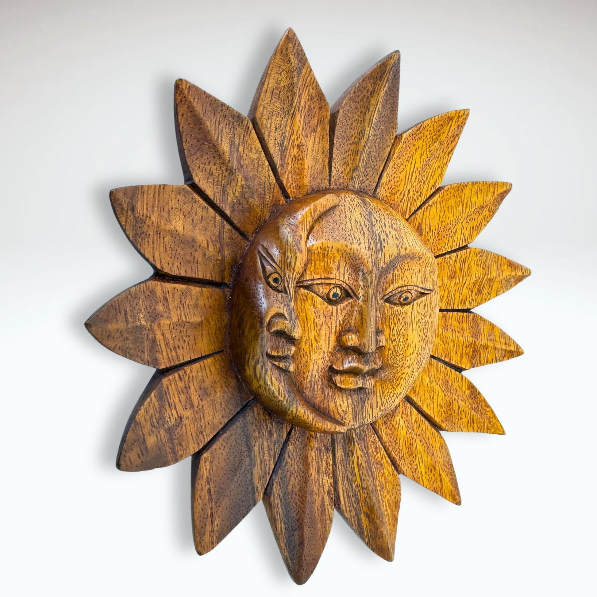 Sun Moon Eclipse Disc Sunburst Celestial Wall Art Plaque Carved hand carved natural wood Carving Bali Balinese folk art 8&quot; - Acadia World Traders