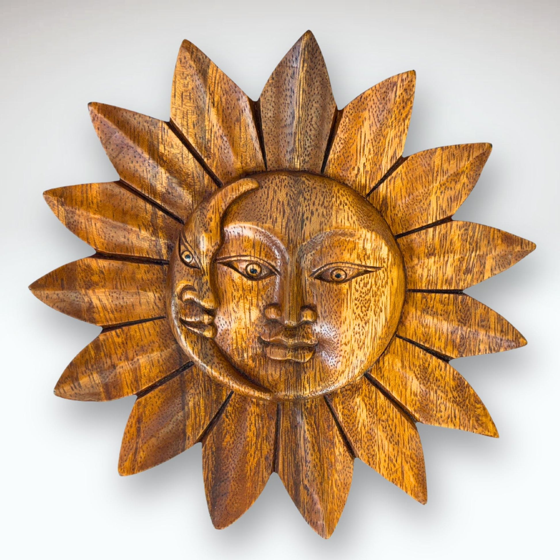 Sun Moon Eclipse Disc Sunburst Celestial Wall Art Plaque Carved hand carved natural wood Carving Bali Balinese folk art 8&quot; - Acadia World Traders
