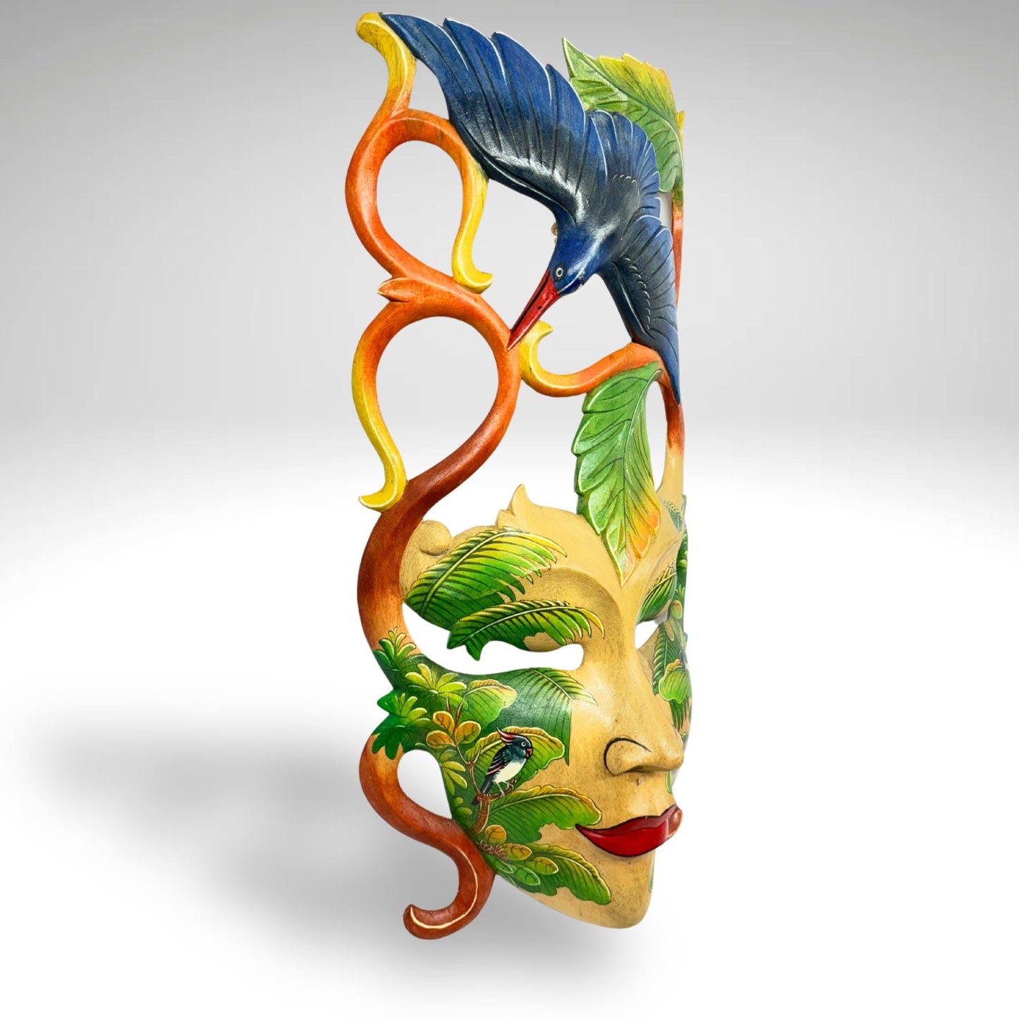 Balinese Dewi Sri Mask: Hand-Carved Forest Goddess with Kingfisher