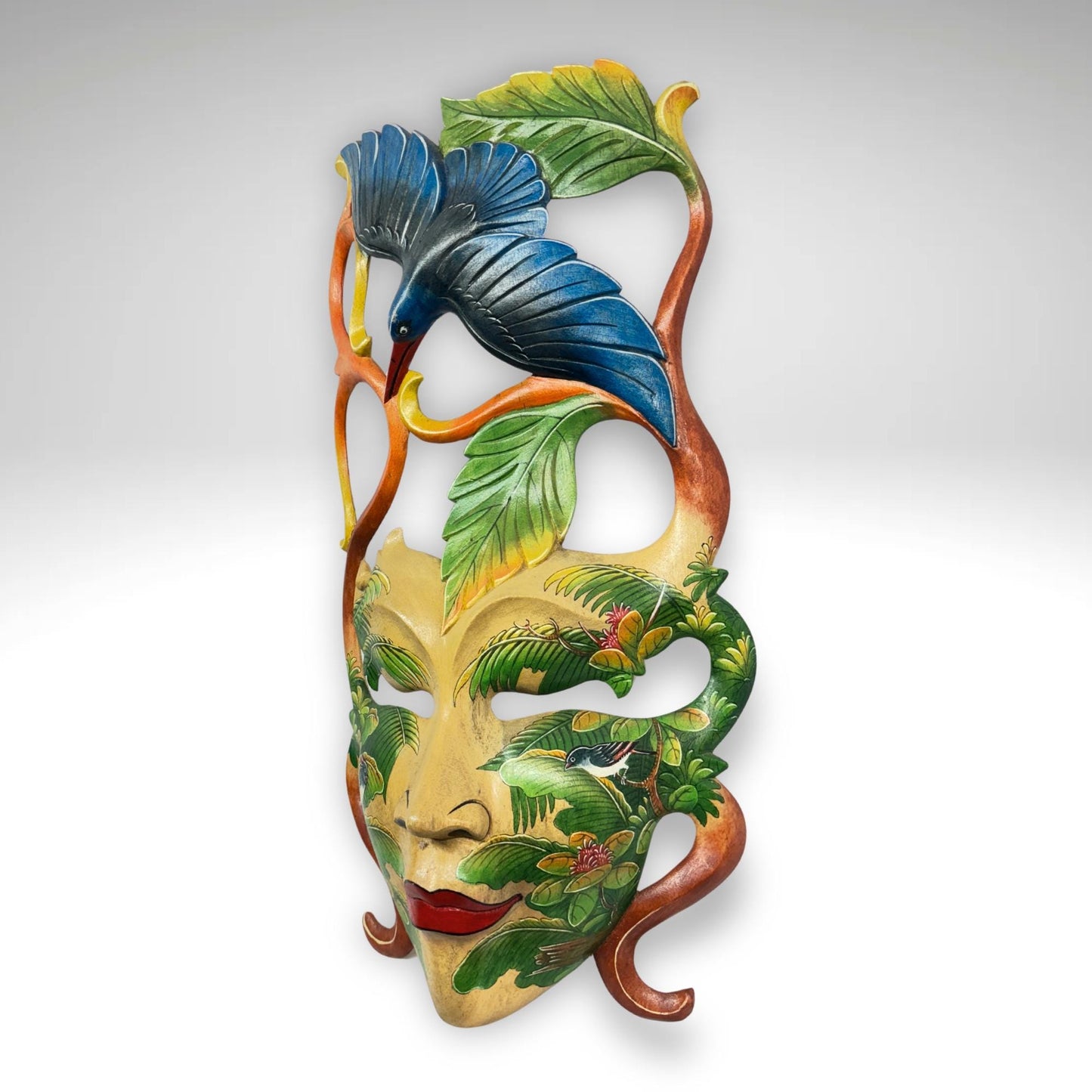 Balinese Dewi Sri Mask: Hand-Carved Forest Goddess with Kingfisher