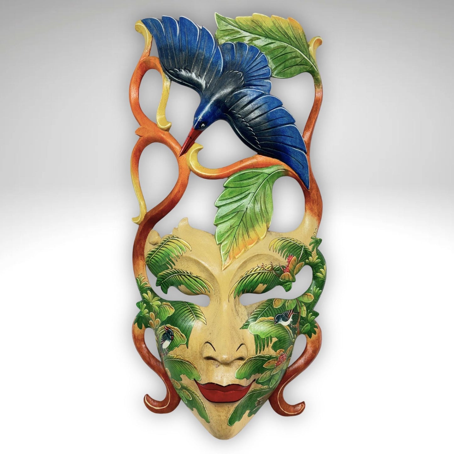 Balinese Dewi Sri Mask: Hand-Carved Forest Goddess with Kingfisher