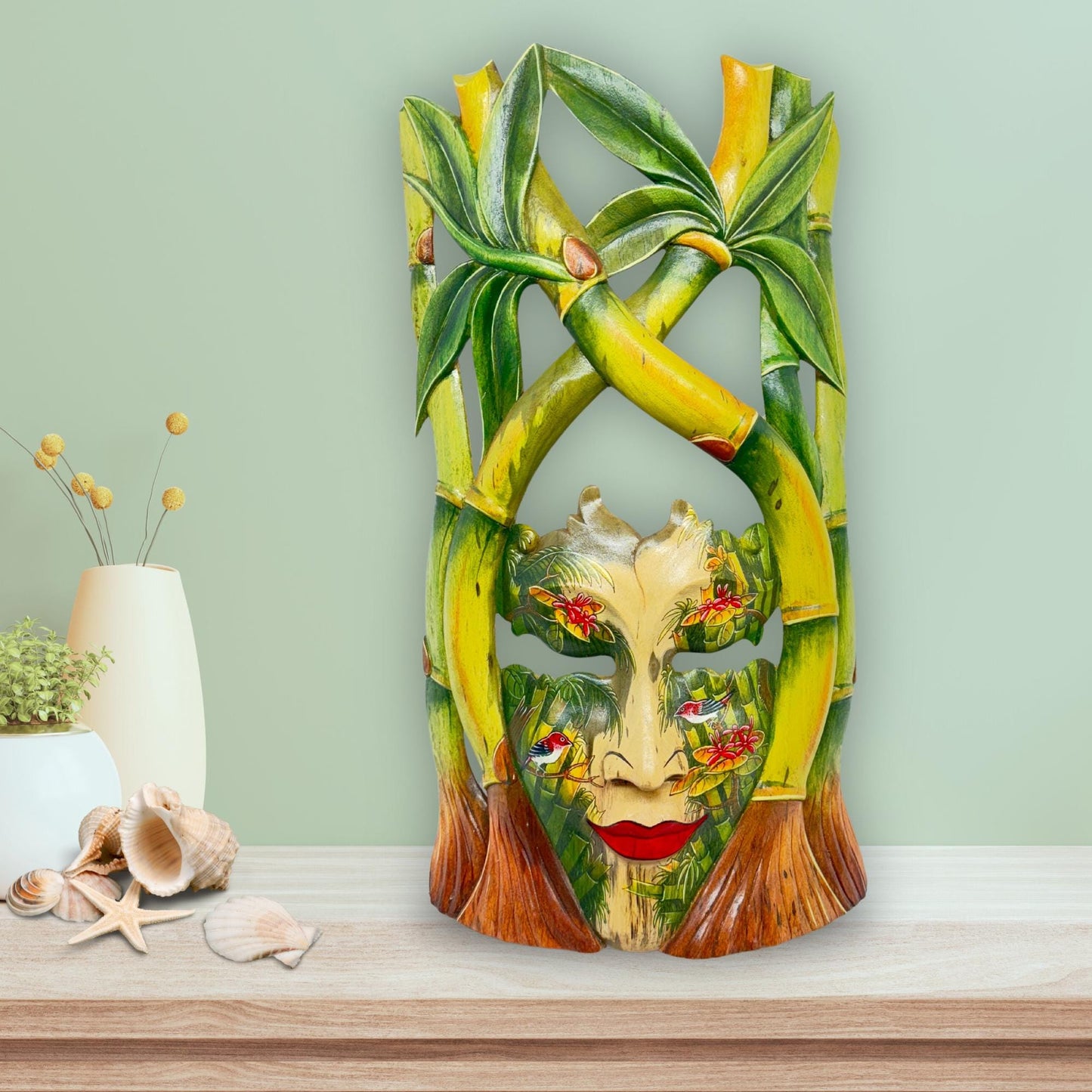 Bali Dewi Sri Mask: Hand Carved Bamboo Forest Goddess Wall Art