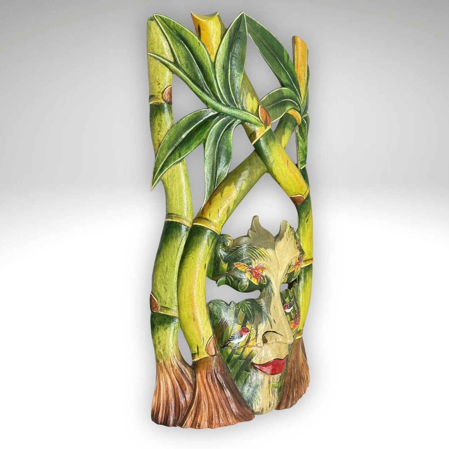 Bali Dewi Sri Mask: Hand Carved Bamboo Forest Goddess Wall Art