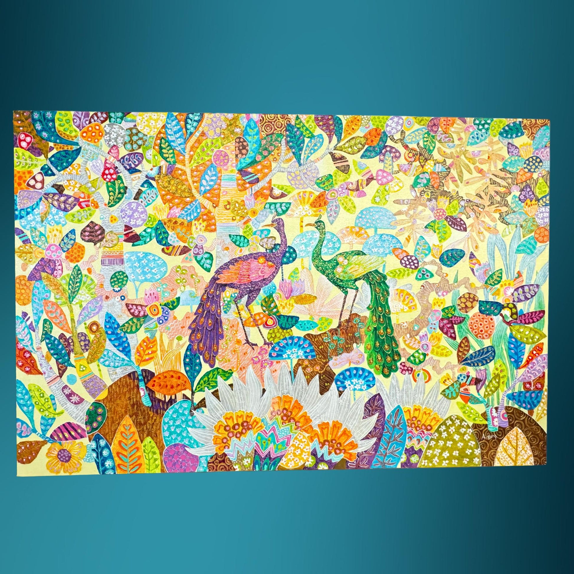 Peacock lotus garden fine art painting acrylic canvas signed Agung Balinese Artist wall art bohemian decor psychedelic art creme - Acadia World Traders