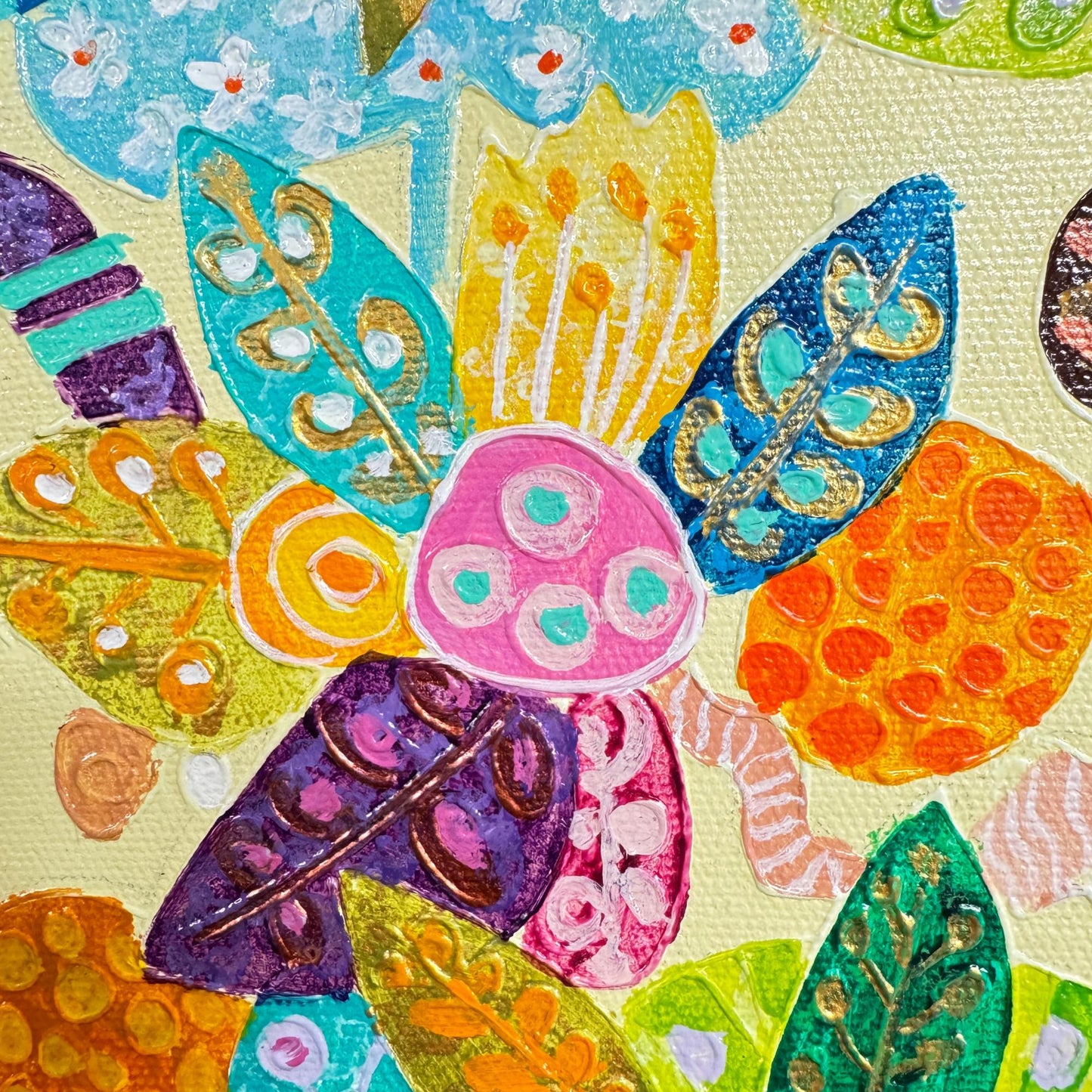 Peacock lotus garden fine art painting acrylic canvas signed Agung Balinese Artist wall art bohemian decor psychedelic art creme - Acadia World Traders