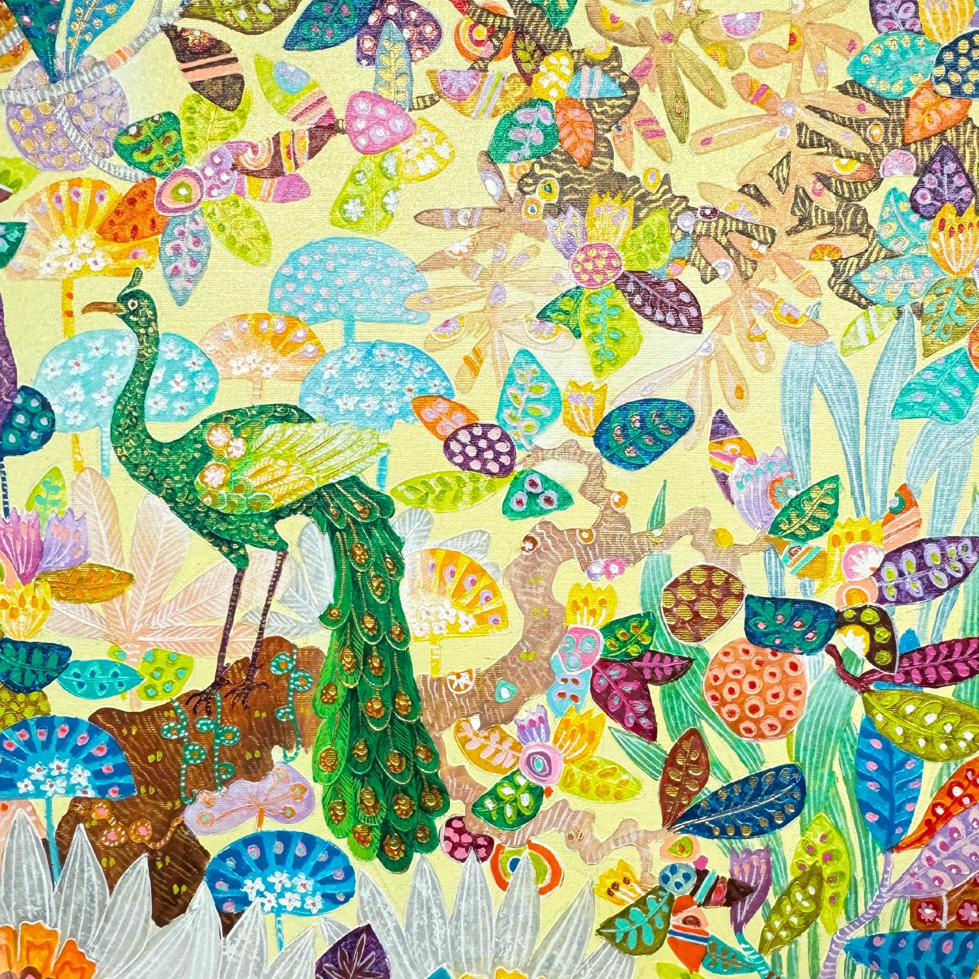 Peacock lotus garden fine art painting acrylic canvas signed Agung Balinese Artist wall art bohemian decor psychedelic art creme - Acadia World Traders