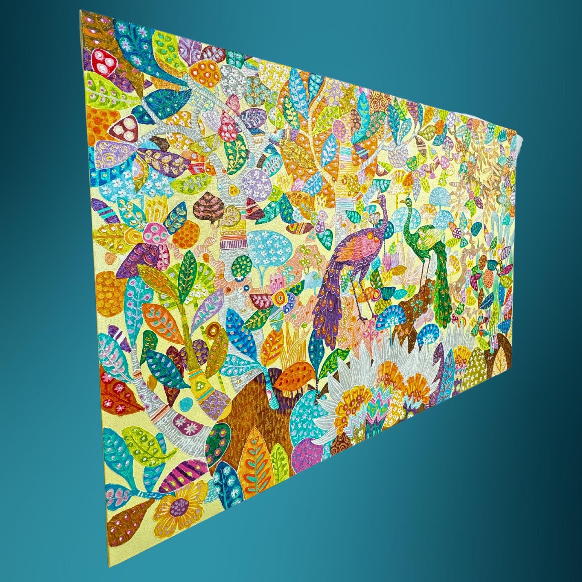 Peacock lotus garden fine art painting acrylic canvas signed Agung Balinese Artist wall art bohemian decor psychedelic art creme - Acadia World Traders