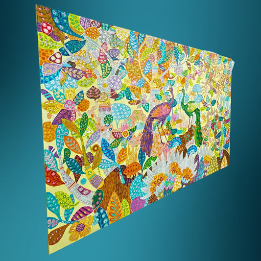 Peacock lotus garden fine art painting acrylic canvas signed Agung Balinese Artist wall art bohemian decor psychedelic art creme - Acadia World Traders