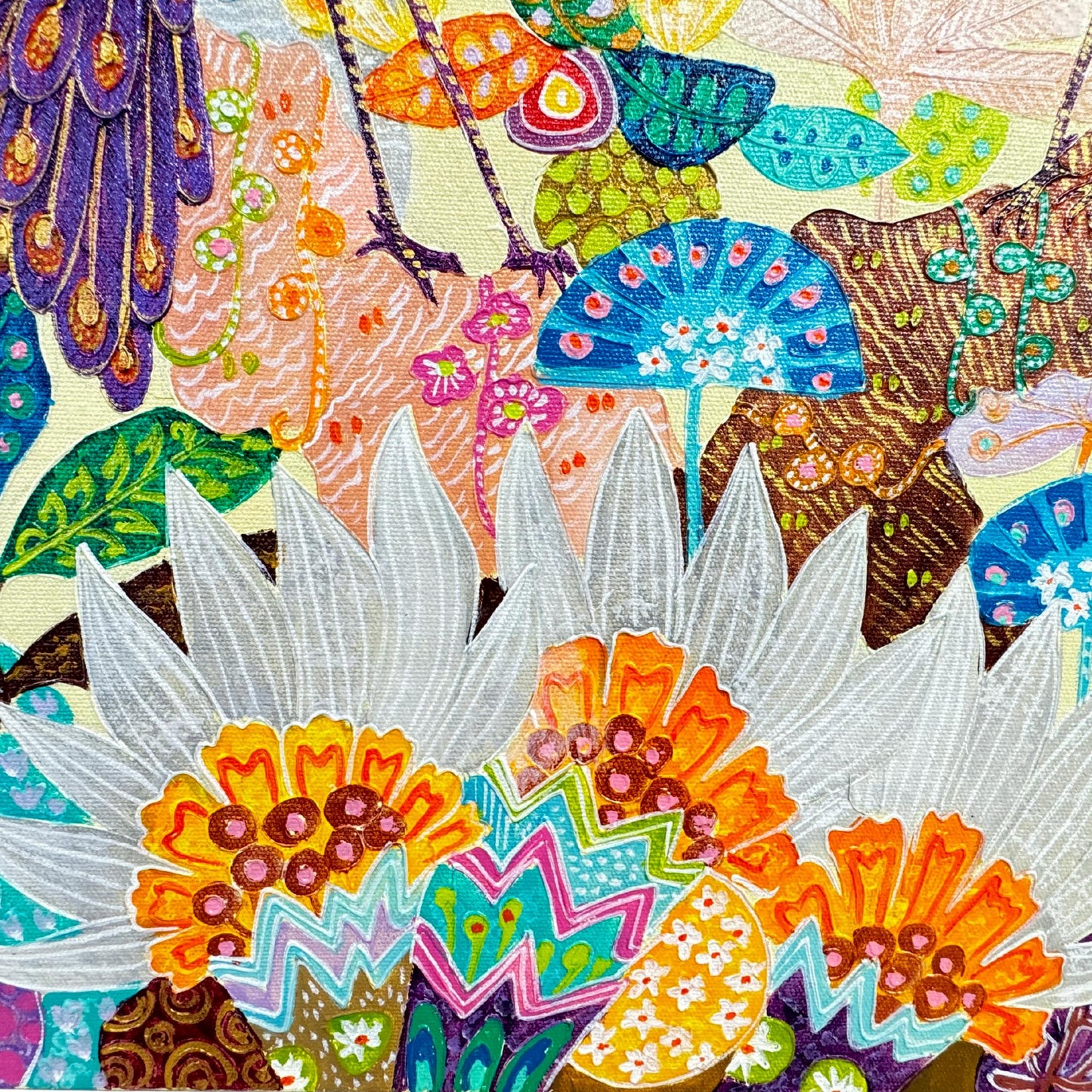 Peacock lotus garden fine art painting acrylic canvas signed Agung Balinese Artist wall art bohemian decor psychedelic art creme - Acadia World Traders