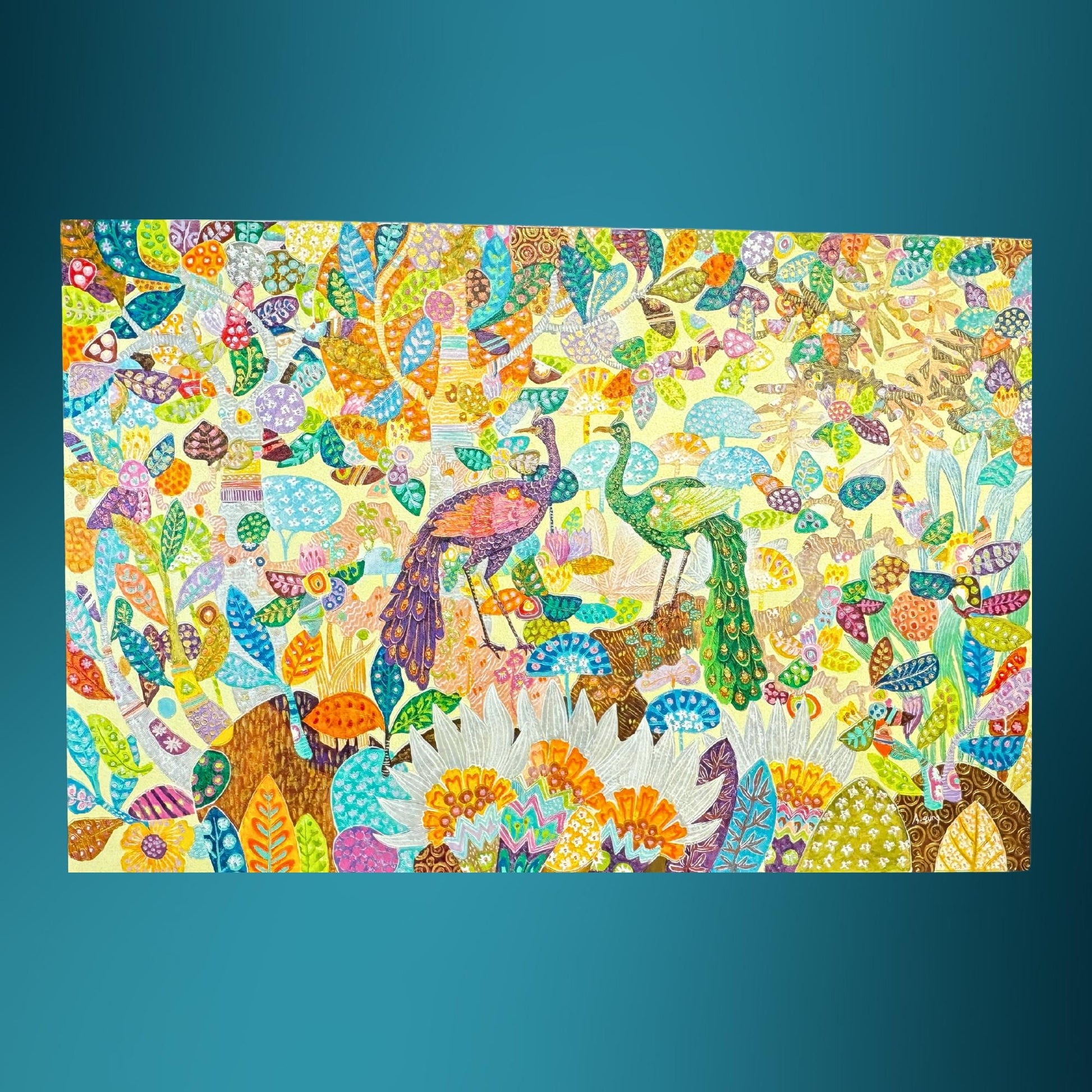 Peacock lotus garden fine art painting acrylic canvas signed Agung Balinese Artist wall art bohemian decor psychedelic art creme - Acadia World Traders