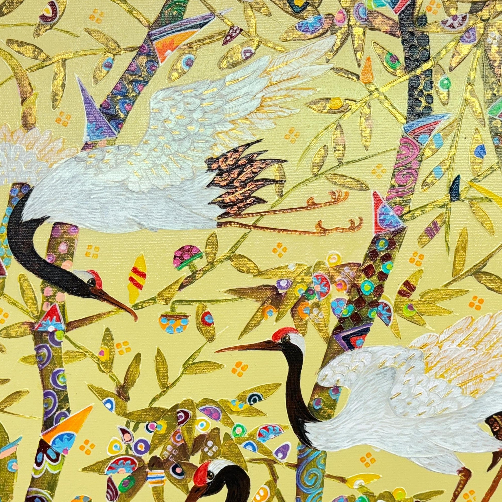 White Crane Birds Bamboo Forest fine art painting acrylic canvas signed Agung Balinese Artist wall art bohemian decor psychedelic art creme - Acadia World Traders