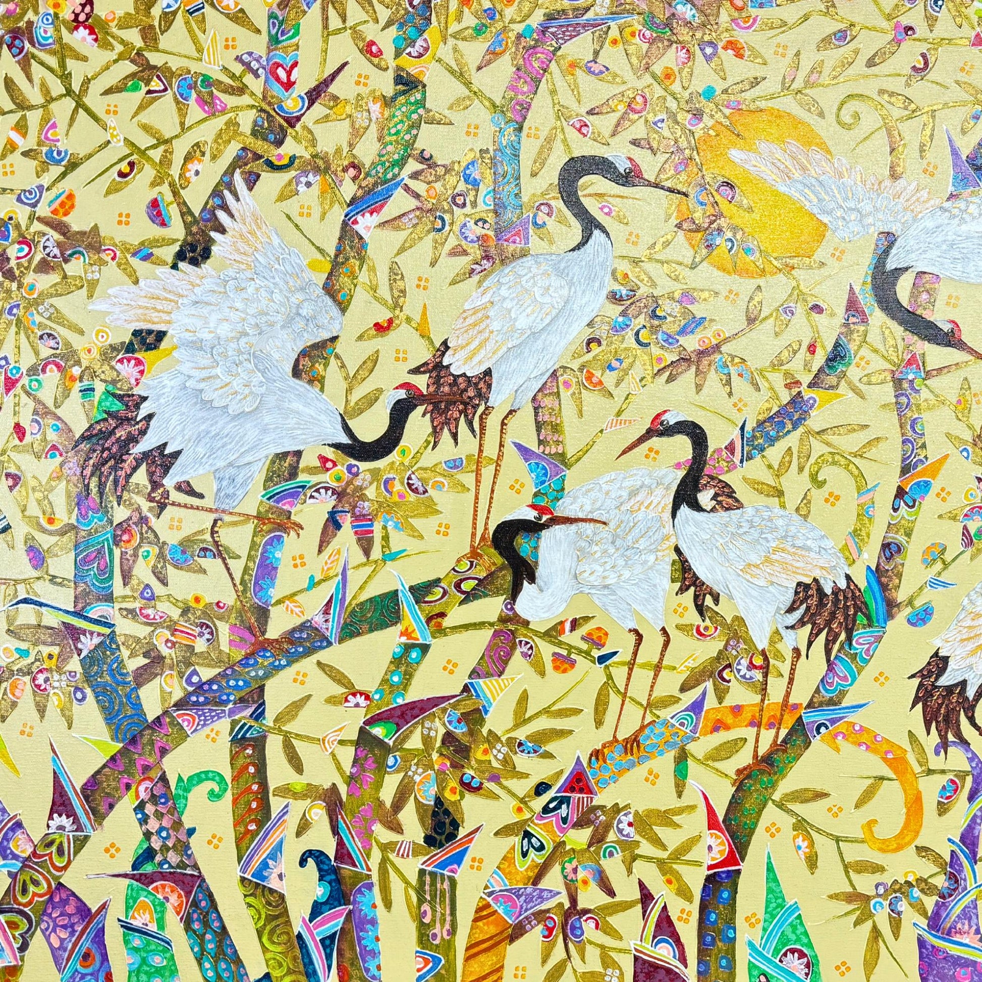 White Crane Birds Bamboo Forest fine art painting acrylic canvas signed Agung Balinese Artist wall art bohemian decor psychedelic art creme - Acadia World Traders