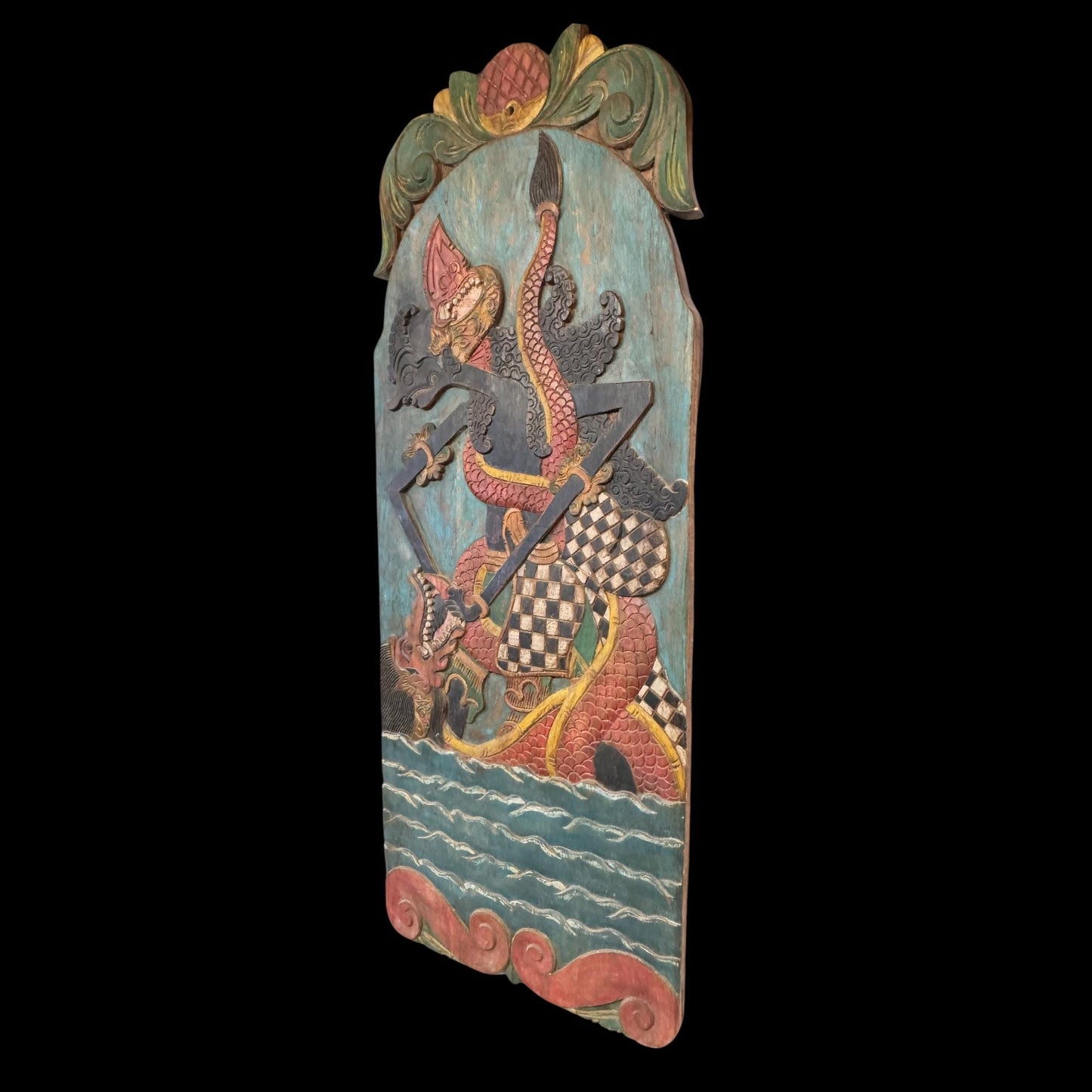 Vintage Javanese Teak Wood Blawong: Dragon Naga Kris Holder Wall Art