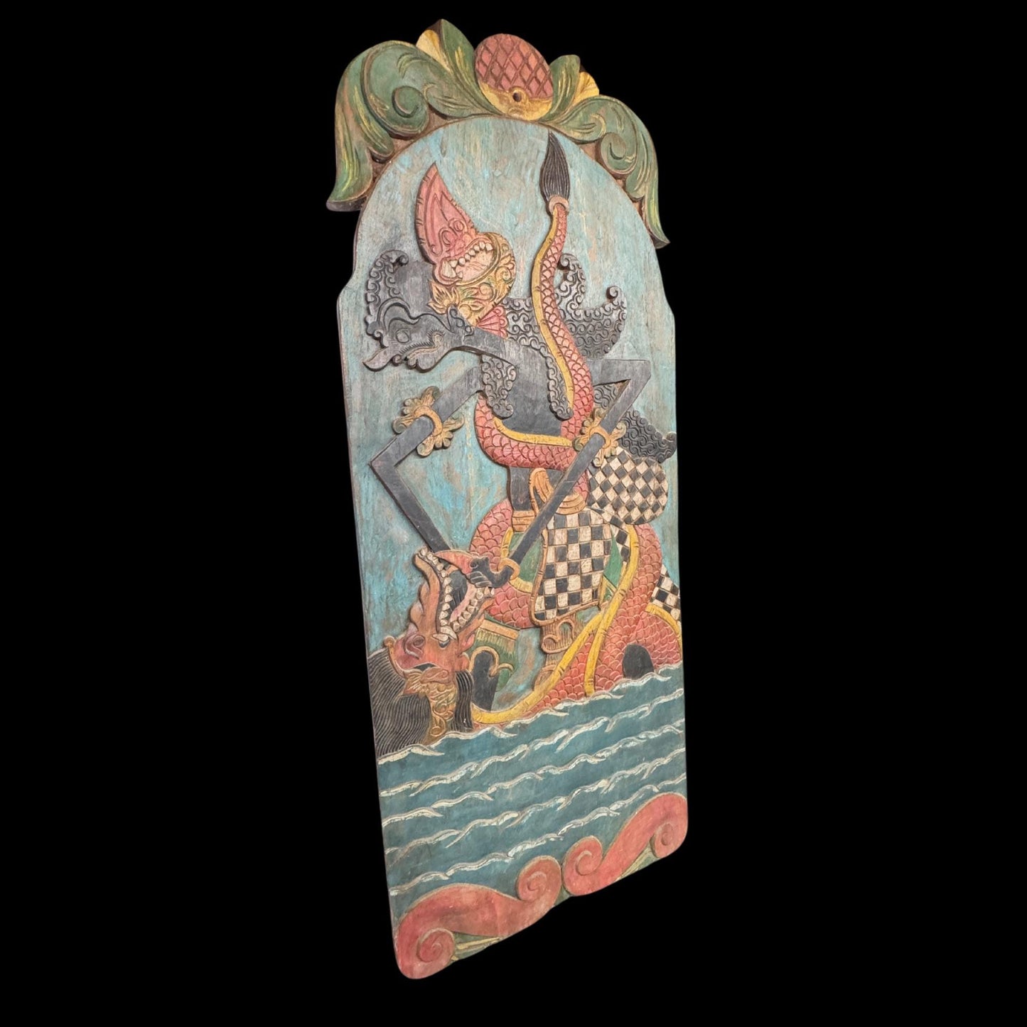 Vintage Javanese Teak Wood Blawong: Dragon Naga Kris Holder Wall Art