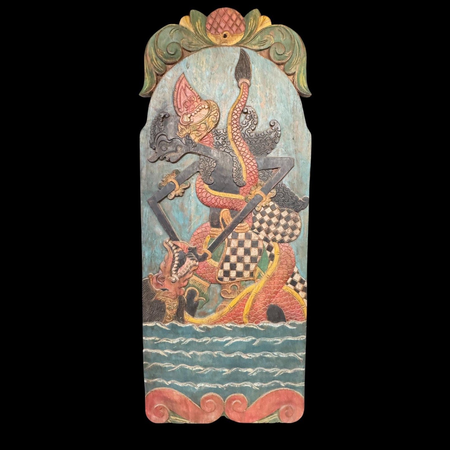 Vintage Javanese Teak Wood Blawong: Dragon Naga Kris Holder Wall Art