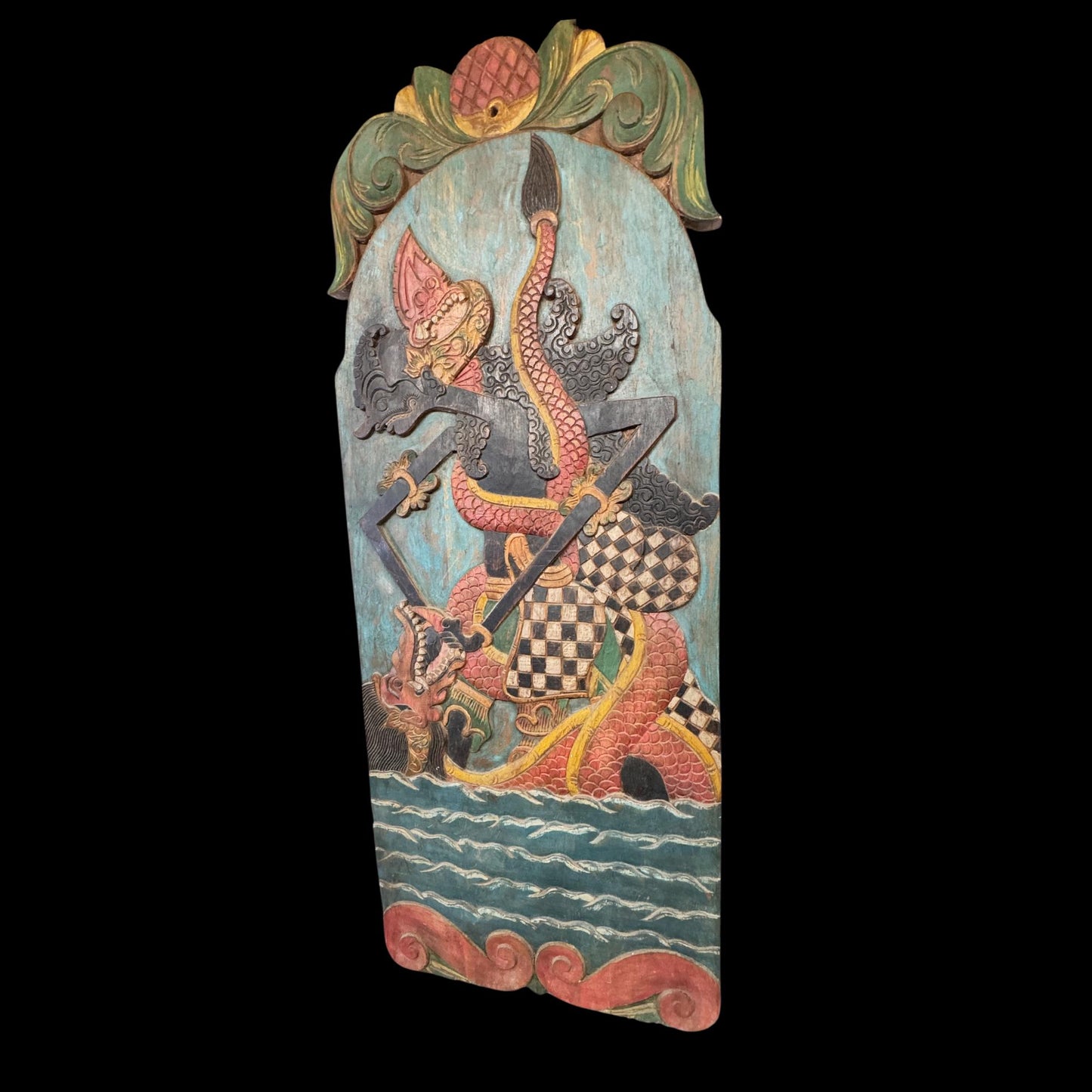 Vintage Javanese Teak Wood Blawong: Dragon Naga Kris Holder Wall Art
