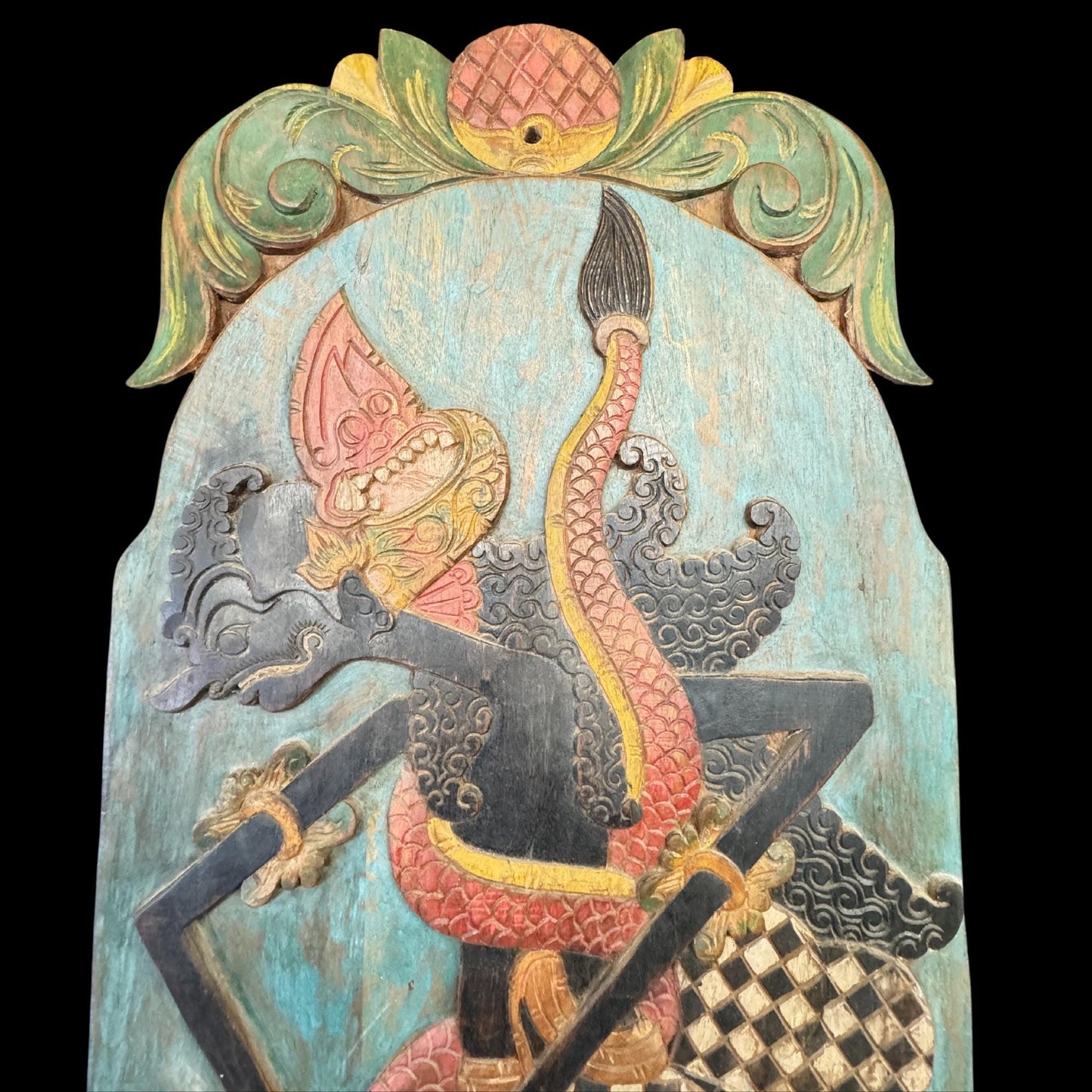 Vintage Javanese Teak Wood Blawong: Dragon Naga Kris Holder Wall Art