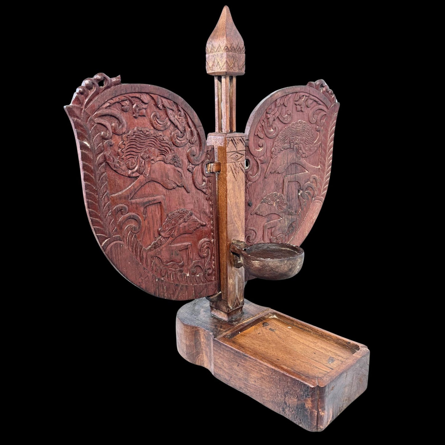 Vintage Indonesian Teak Candelabra: Jodog Oil Lamp Holder, Wayang Kulit