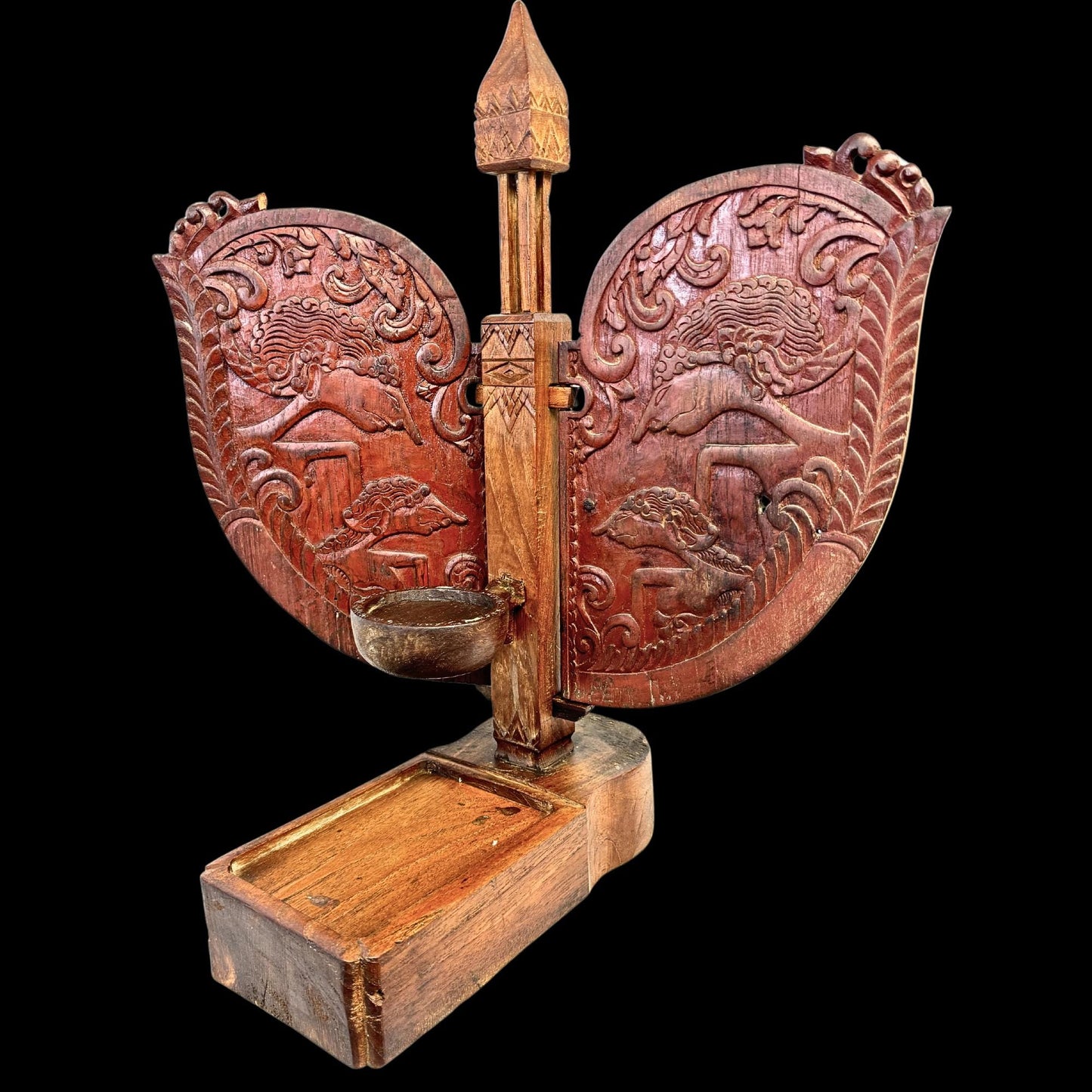 Vintage Indonesian Teak Candelabra: Jodog Oil Lamp Holder, Wayang Kulit