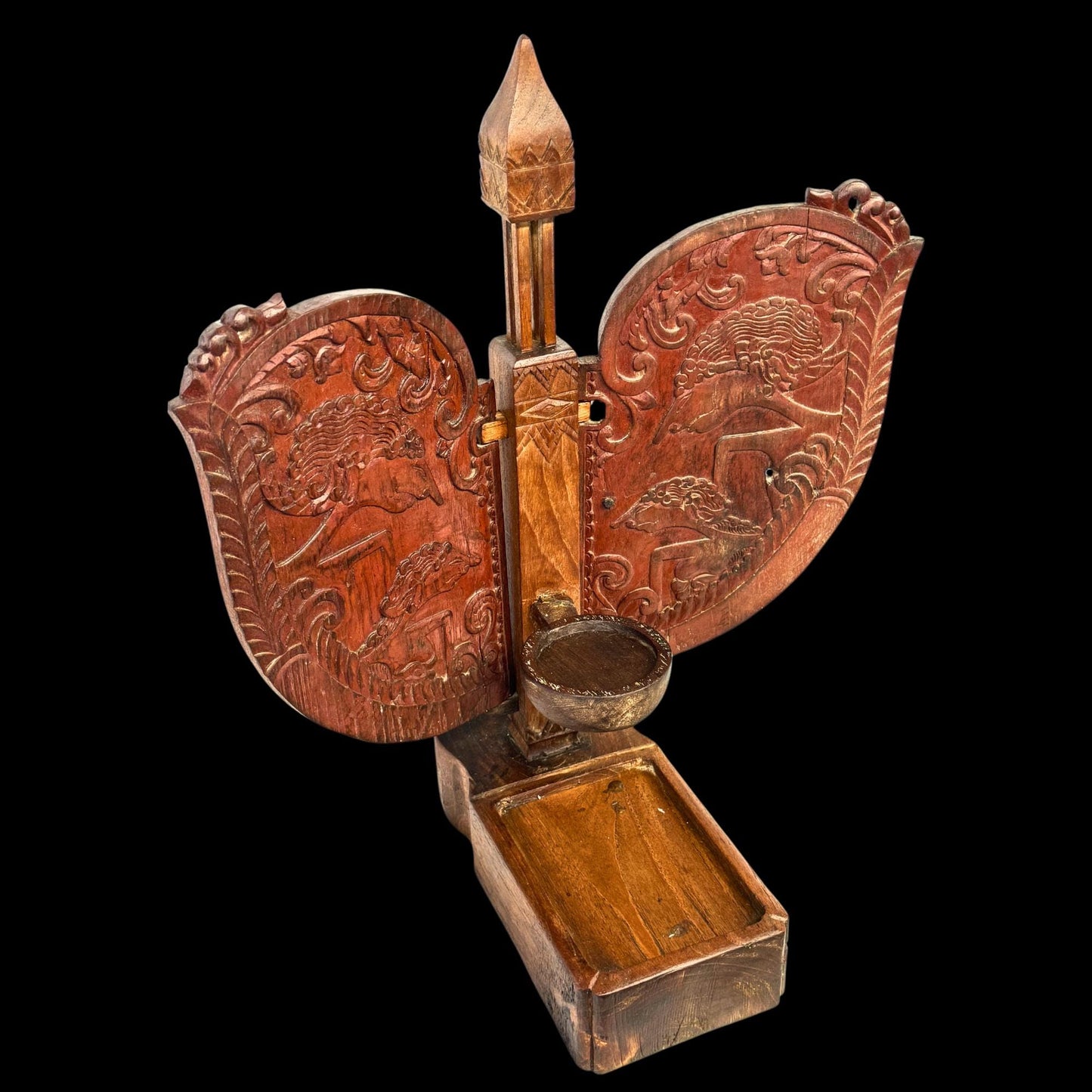 Vintage Indonesian Teak Candelabra: Jodog Oil Lamp Holder, Wayang Kulit