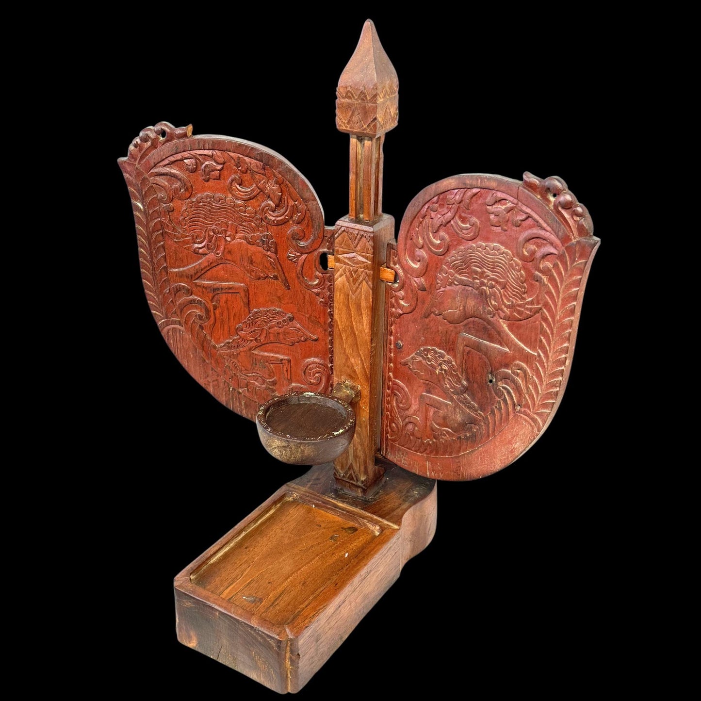 Vintage Indonesian Teak Candelabra: Jodog Oil Lamp Holder, Wayang Kulit