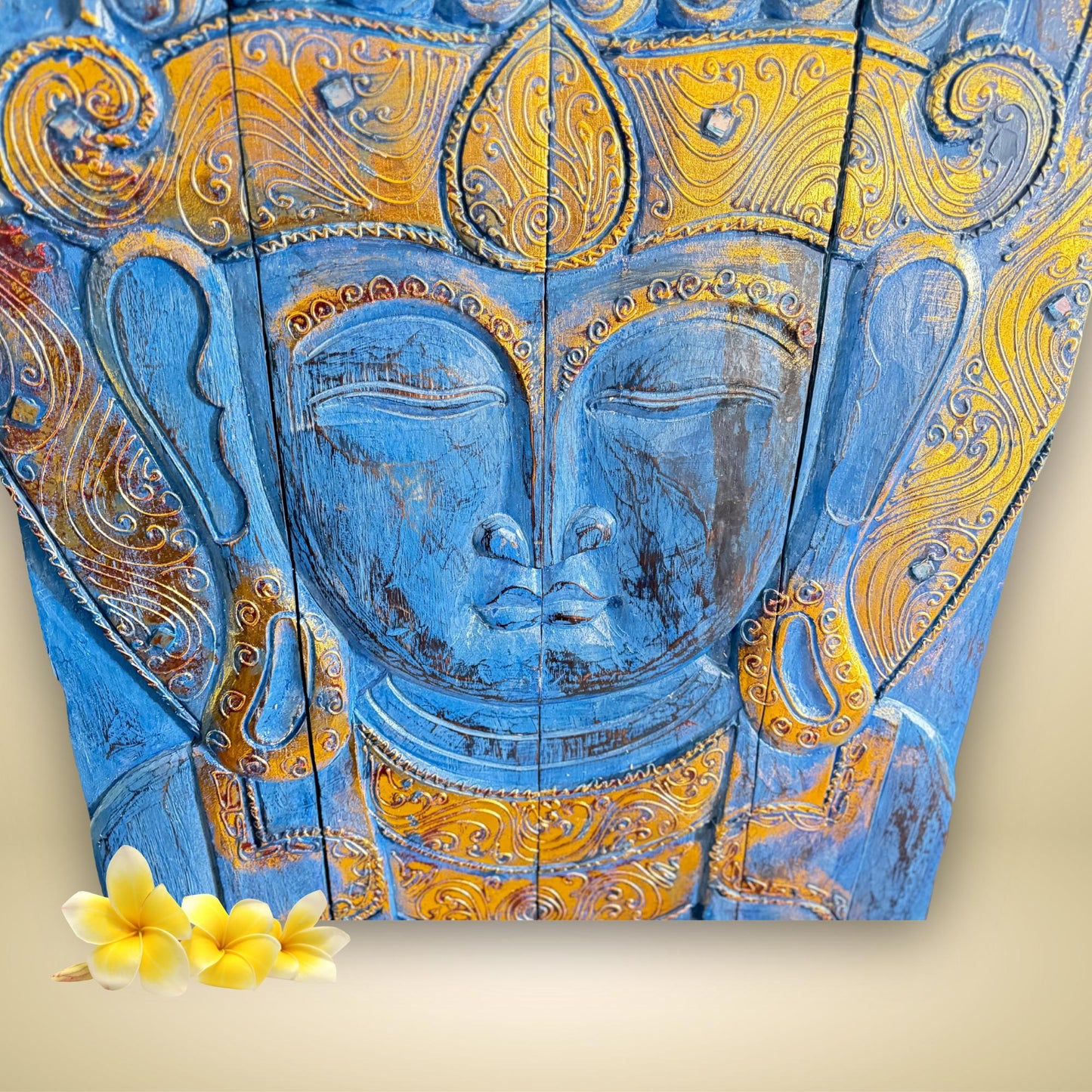 Blue Buddha Hand Carved Wooden Relief Panel Wall Art Folding Screen Wood Carving Balinese  Eclectic Asian Style Boho Decor Gold Blue - Acadia World Traders