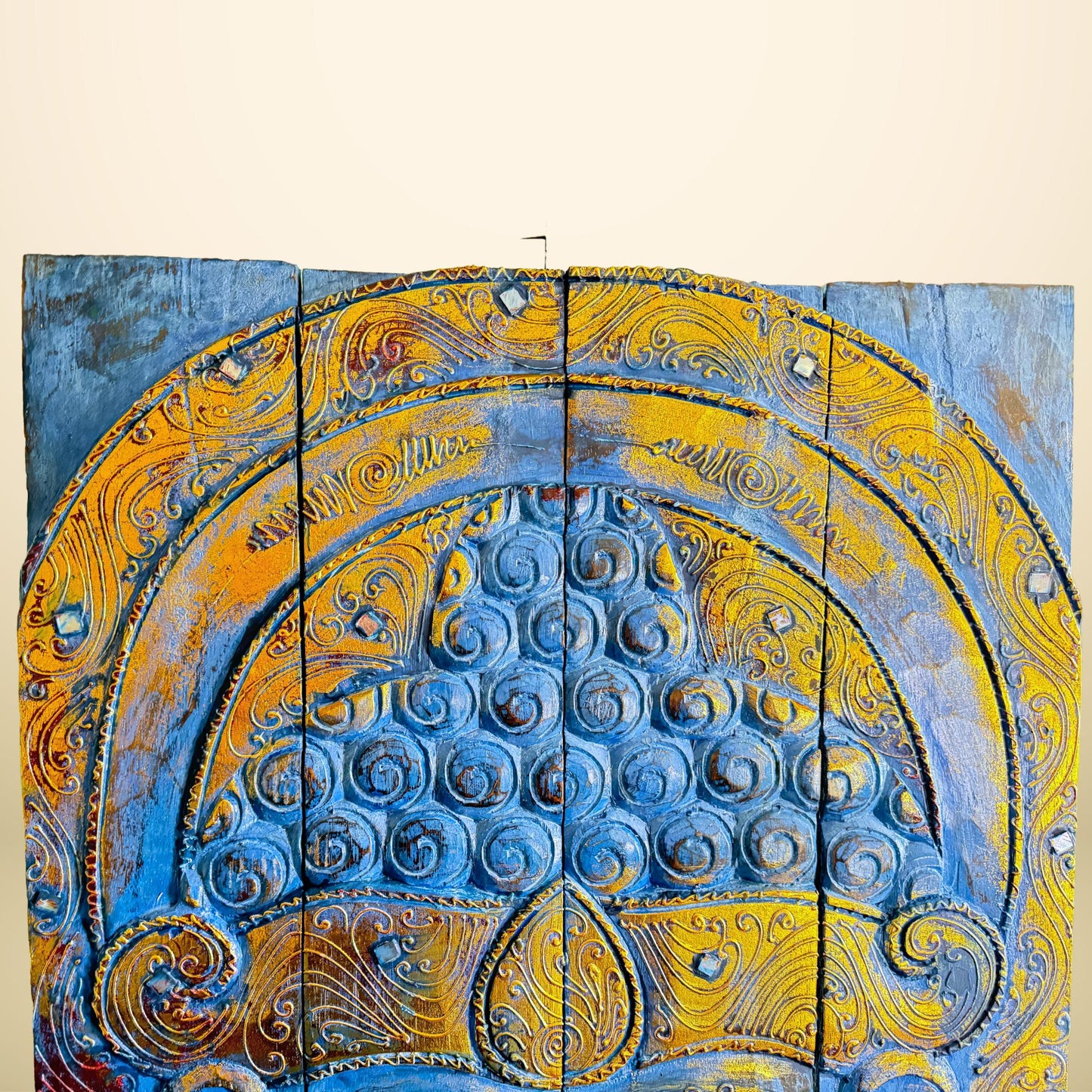 Blue Buddha Hand Carved Wooden Relief Panel Wall Art Folding Screen Wood Carving Balinese  Eclectic Asian Style Boho Decor Gold Blue - Acadia World Traders
