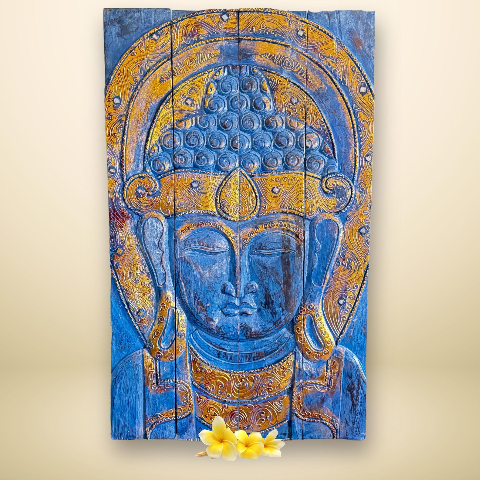 Blue Buddha Hand Carved Wooden Relief Panel Wall Art Folding Screen Wood Carving Balinese  Eclectic Asian Style Boho Decor Gold Blue - Acadia World Traders