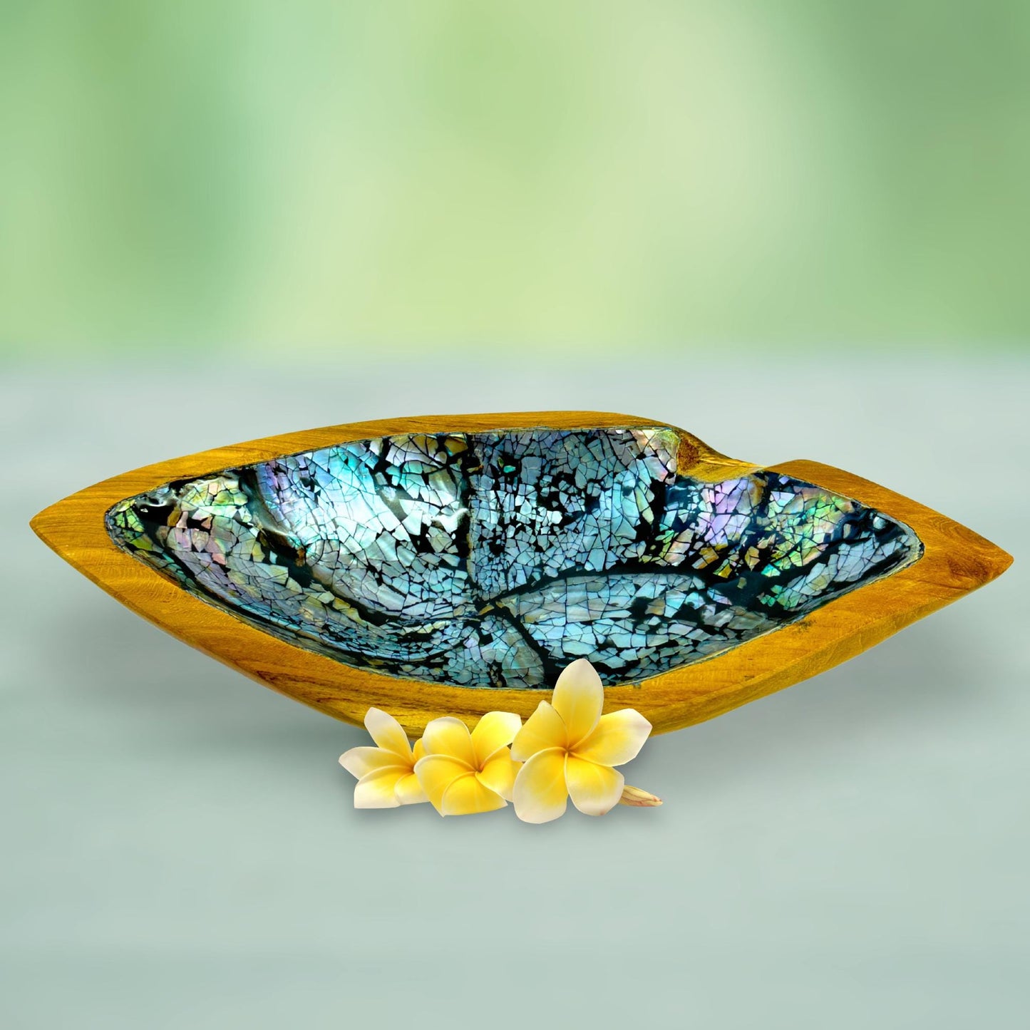 Handcrafted Abalone Shell Teak Plate: Iridescent Bali Art Dish