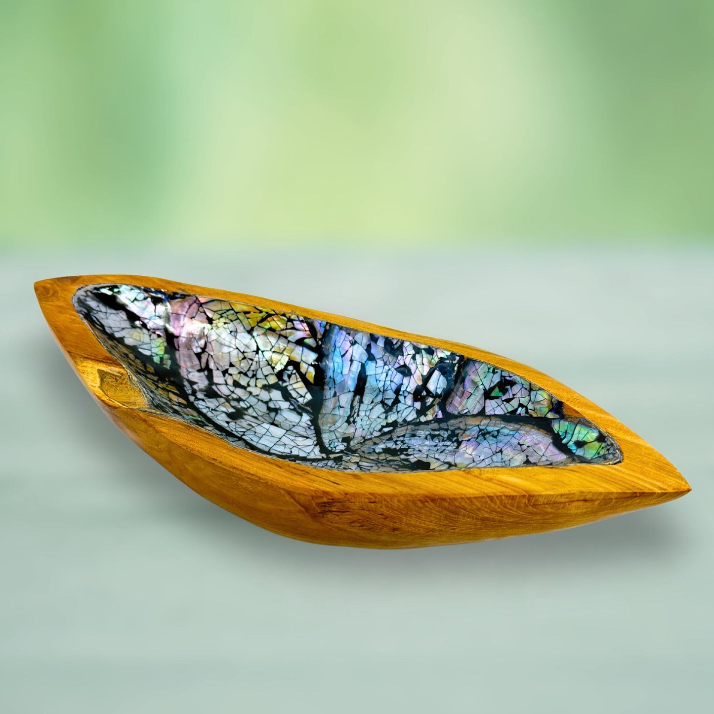 Handcrafted Abalone Shell Teak Plate: Iridescent Bali Art Dish