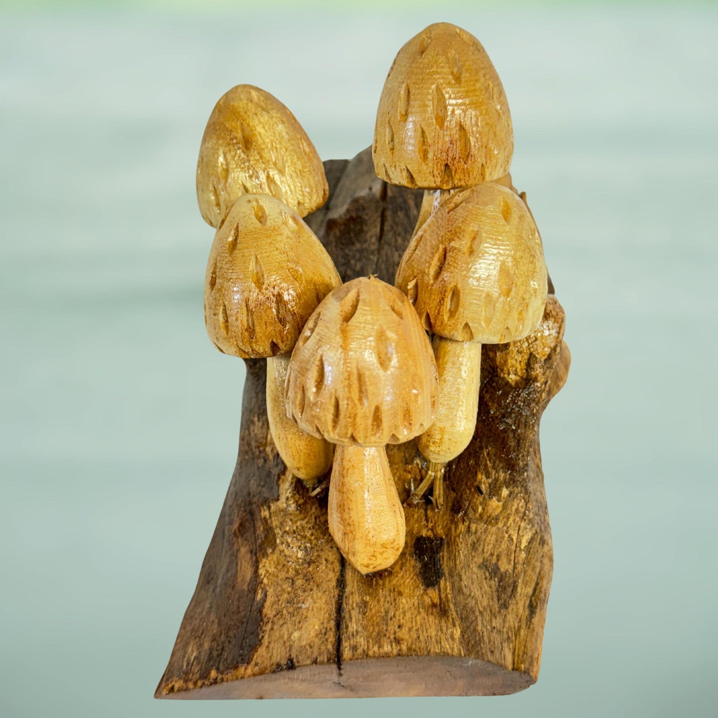 Hand Carved Wood Mushroom Sculpture: Balinese Rustic Decor Wall Art