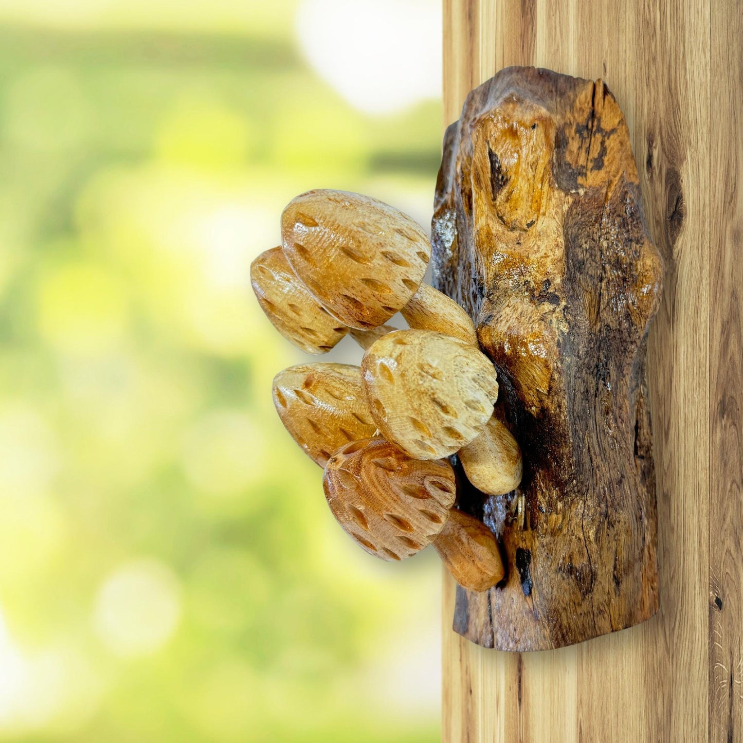 Hand Carved Wood Mushroom Sculpture: Balinese Rustic Decor Wall Art