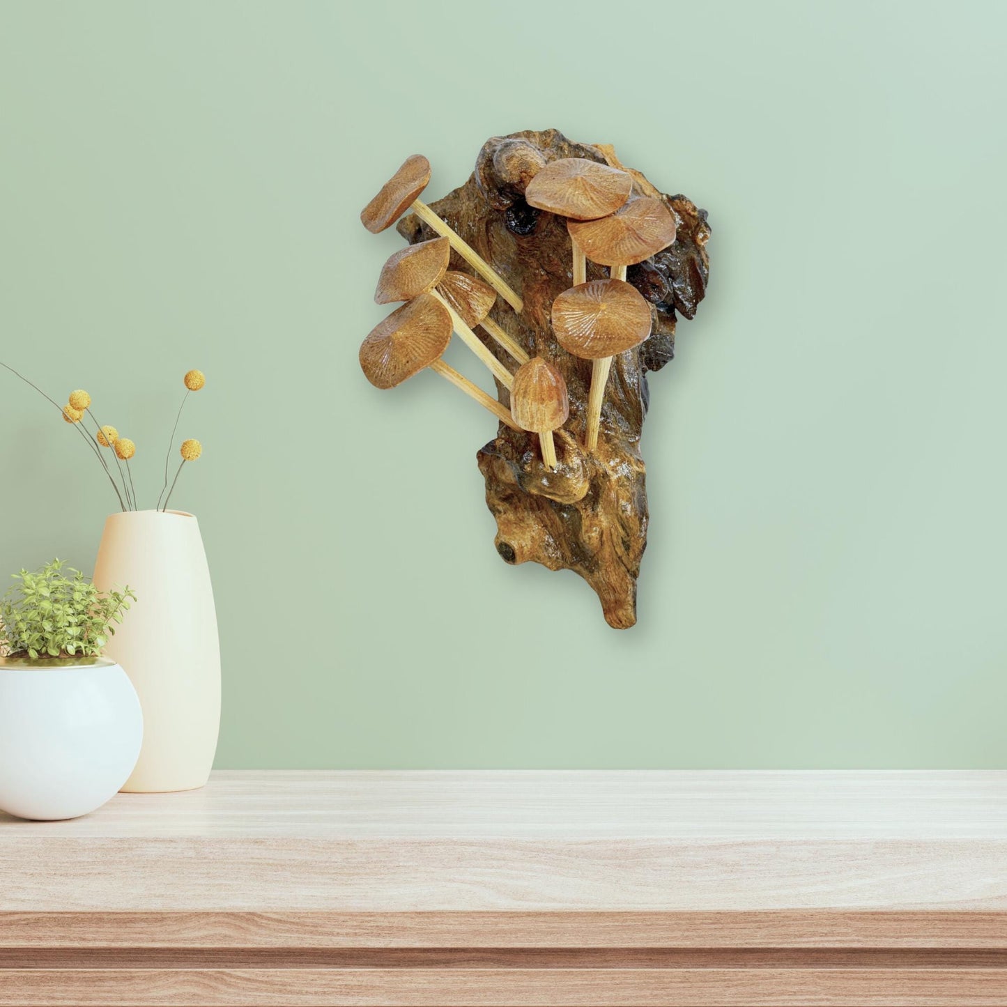 Hand Carved Mushroom Wall Art: Balinese Parasite Wood Sculpture