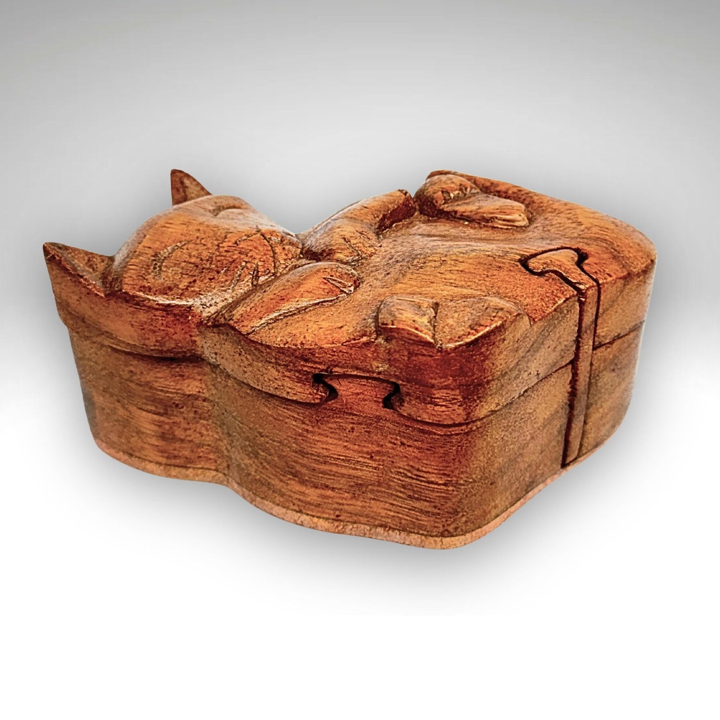 Kitty Cat Gift Secret Puzzle Box Trinket stash Jewelry Box Hand Carved Wood