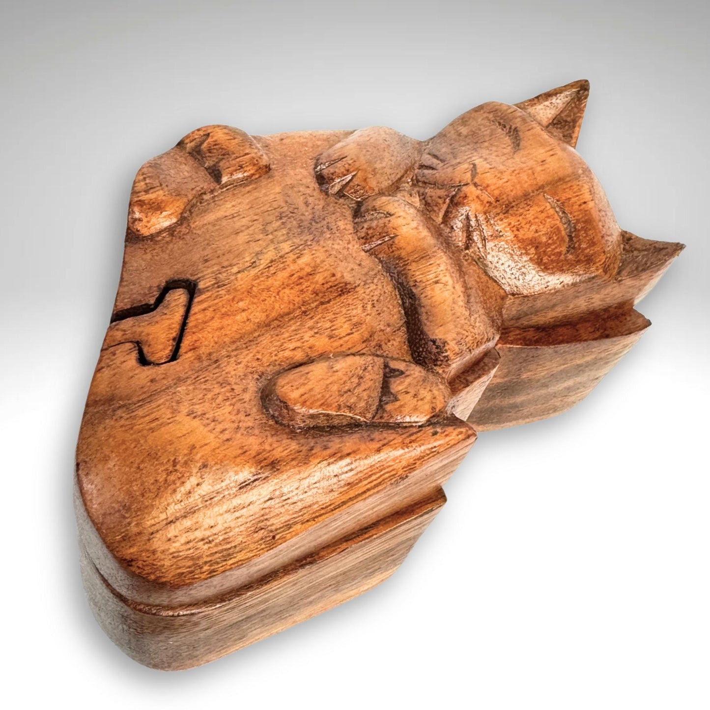 Kitty Cat Gift Secret Puzzle Box Trinket stash Jewelry Box Hand Carved Wood
