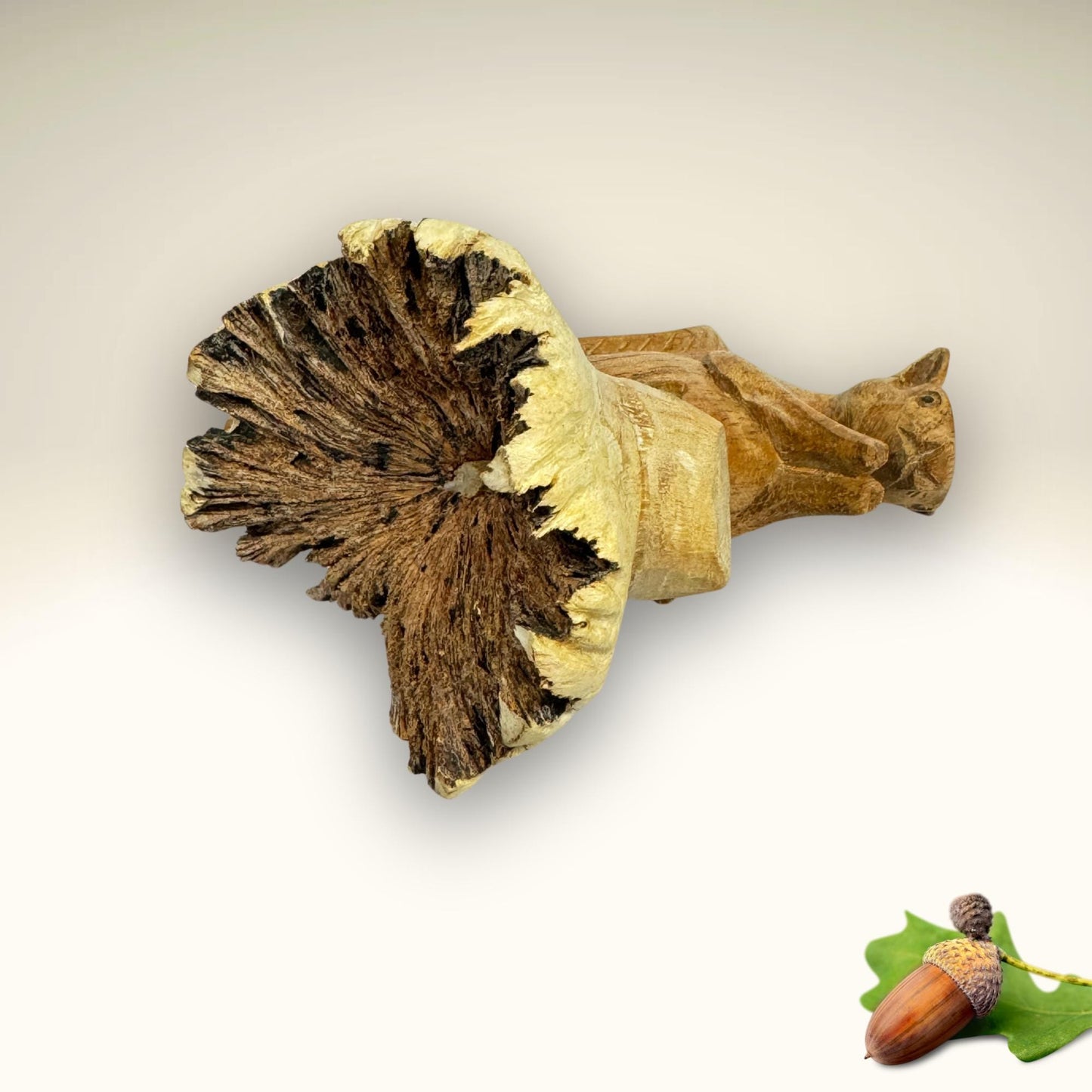 Hand Carved Squirrel Wood Sculpture: Parasite Mushroom Base, Bali Art