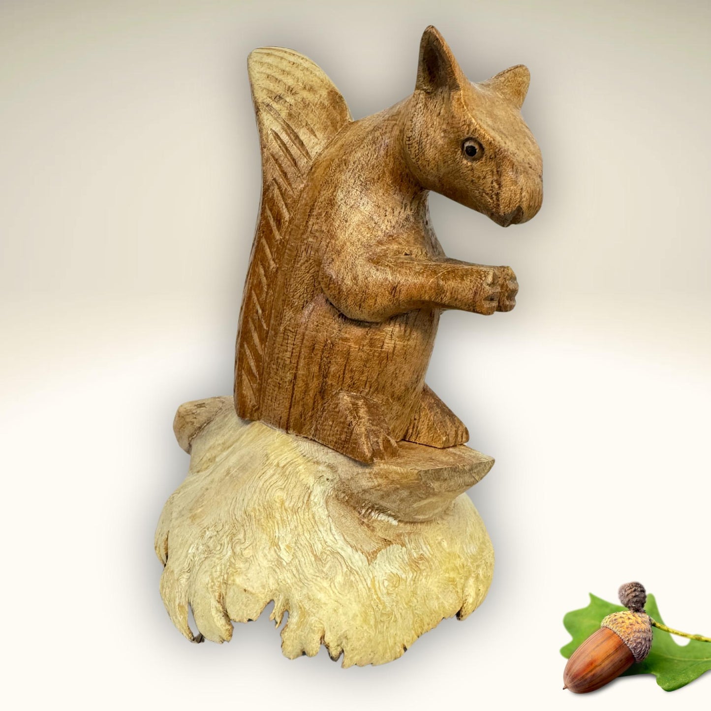 Hand Carved Squirrel Wood Sculpture: Parasite Mushroom Base, Bali Art