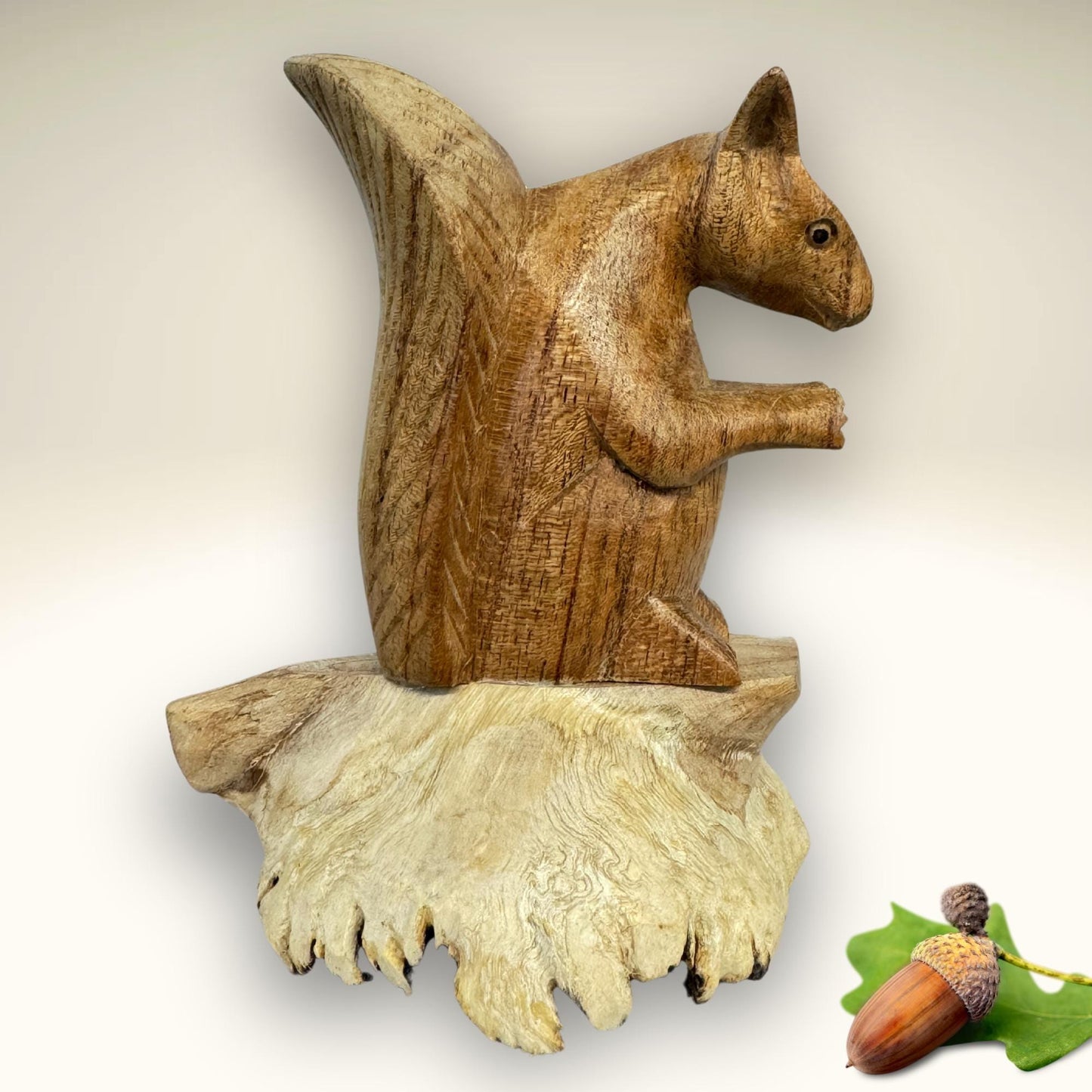 Hand Carved Squirrel Wood Sculpture: Parasite Mushroom Base, Bali Art