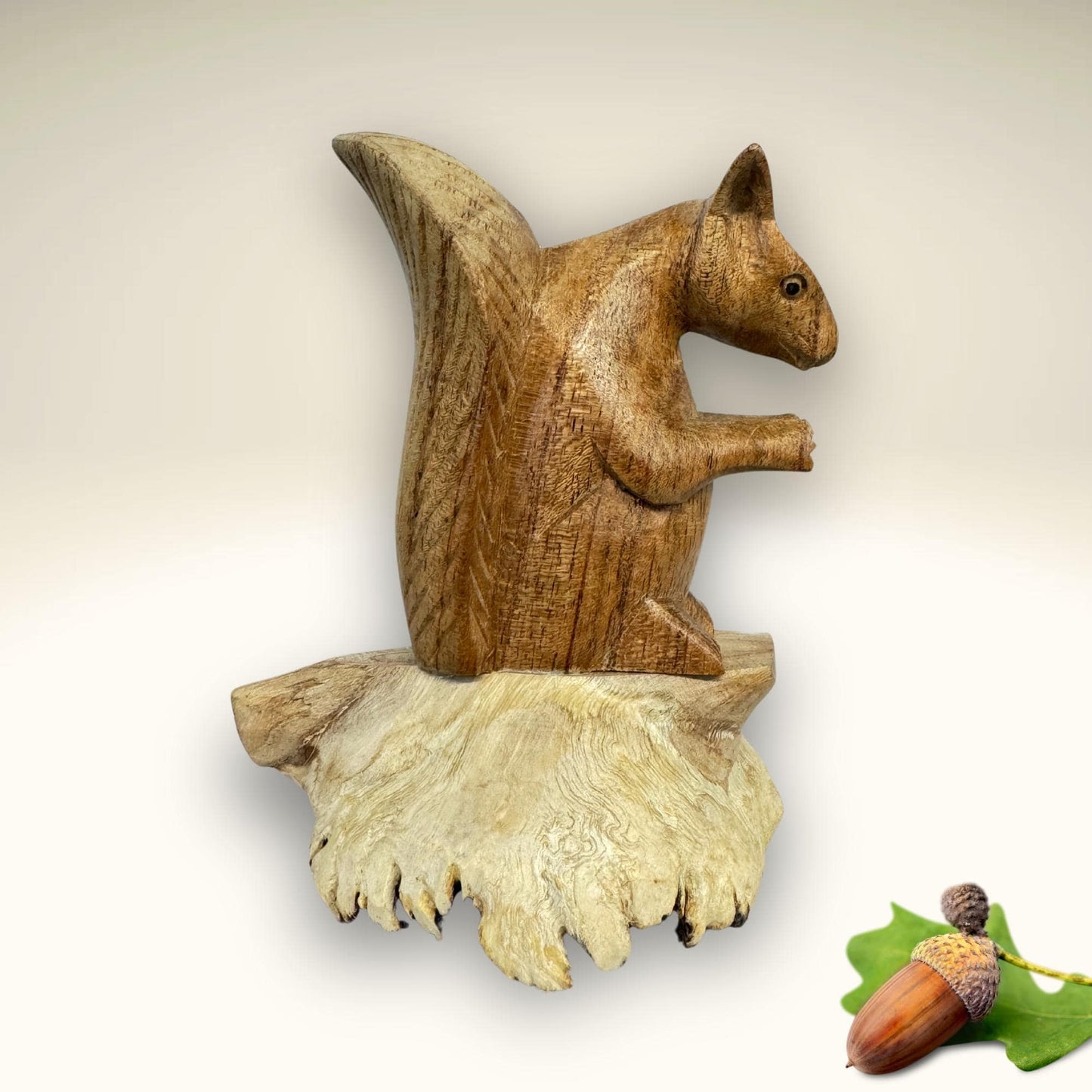 Hand Carved Squirrel Wood Sculpture: Parasite Mushroom Base, Bali Art
