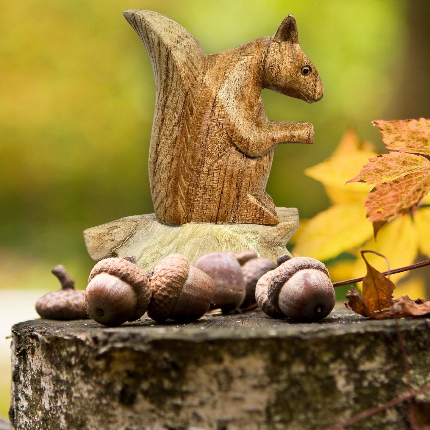 Hand Carved Squirrel Wood Sculpture: Parasite Mushroom Base, Bali Art