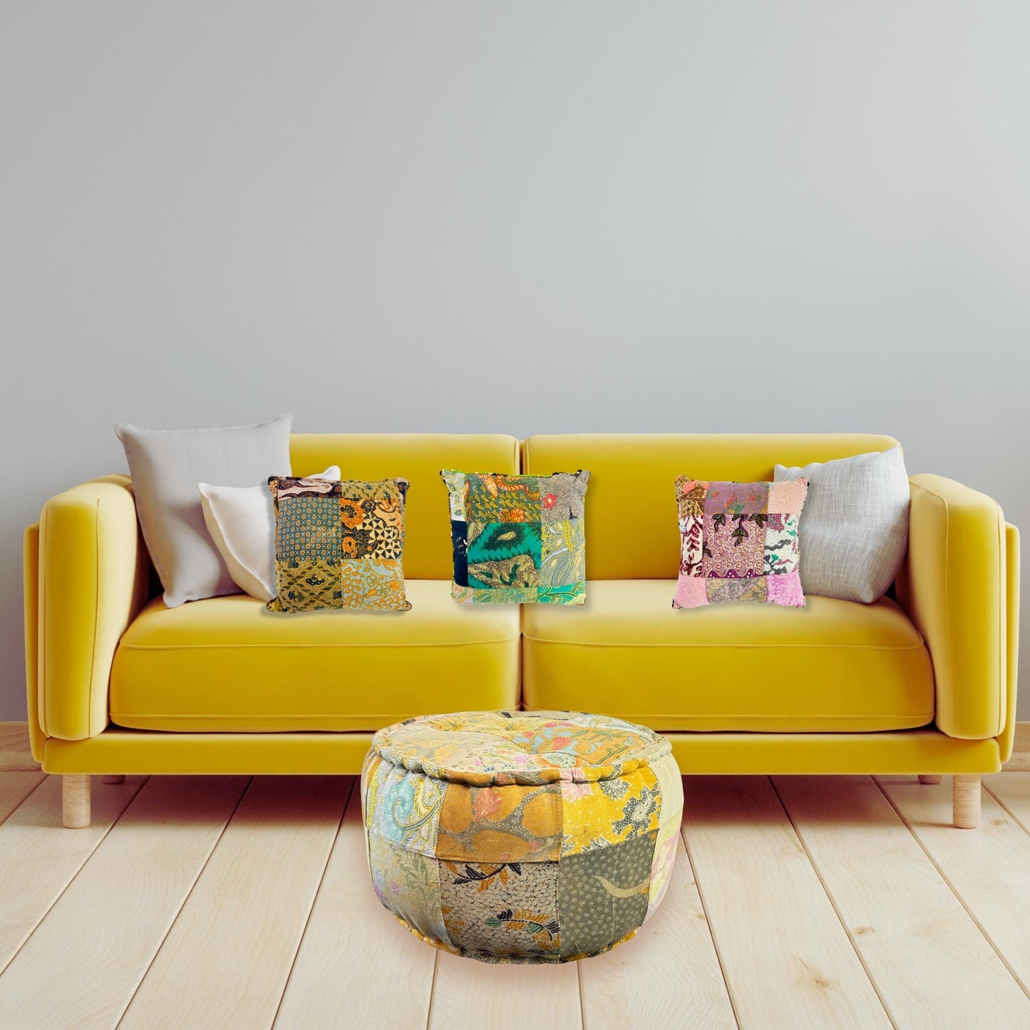 Handmade Batik Patchwork Pillow: Vintage Repurposed Fabric, Organic Kapok Fill