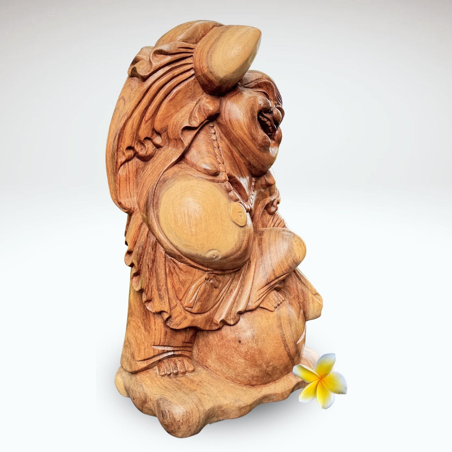 20" Hand Carved Suar Wood Laughing Buddha Statue: Balinese Good Luck Decor
